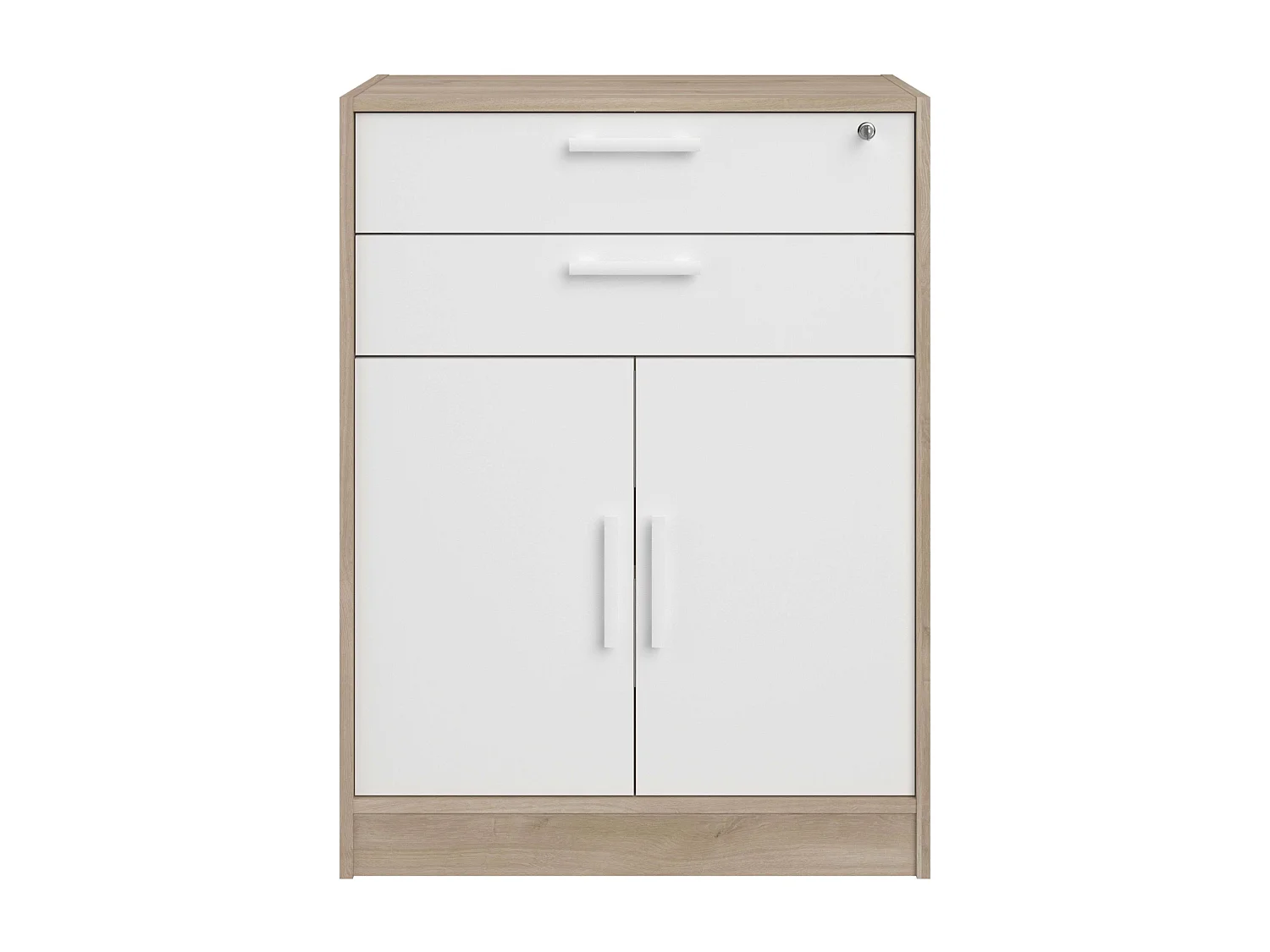 Armario bajo Veltis 2 cajones 2 puertas abatibles blanco y madera claro