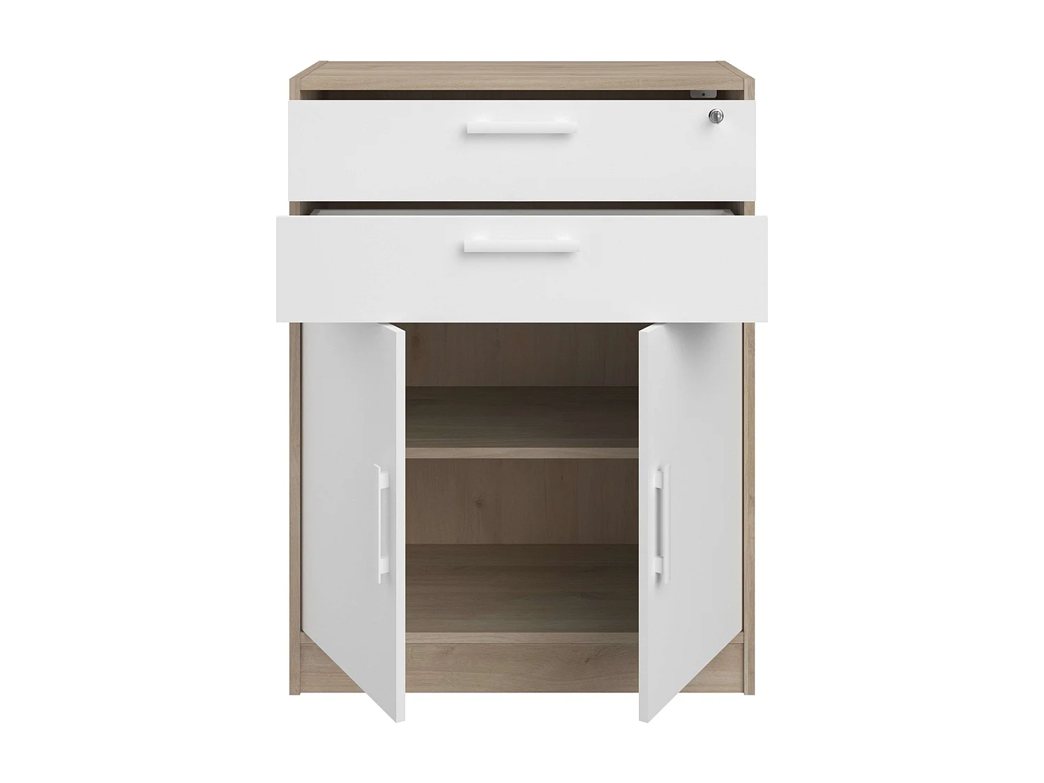 Armario bajo Veltis 2 cajones 2 puertas abatibles blanco y madera claro