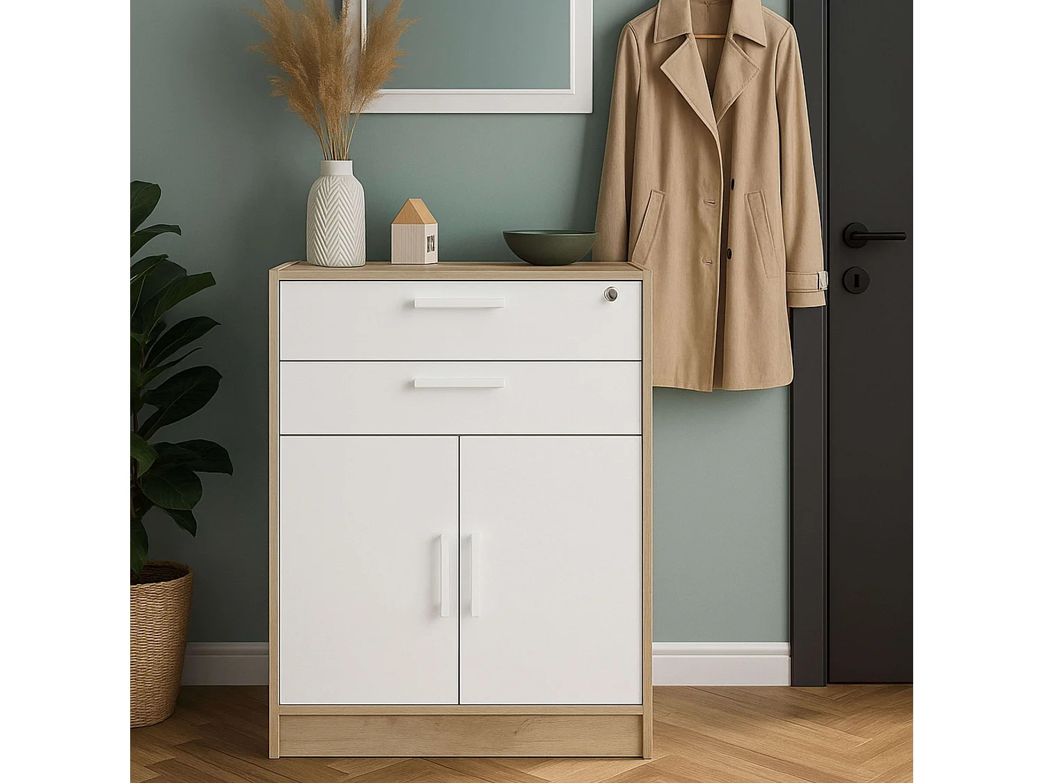 Armario bajo Veltis 2 cajones 2 puertas abatibles blanco y madera claro