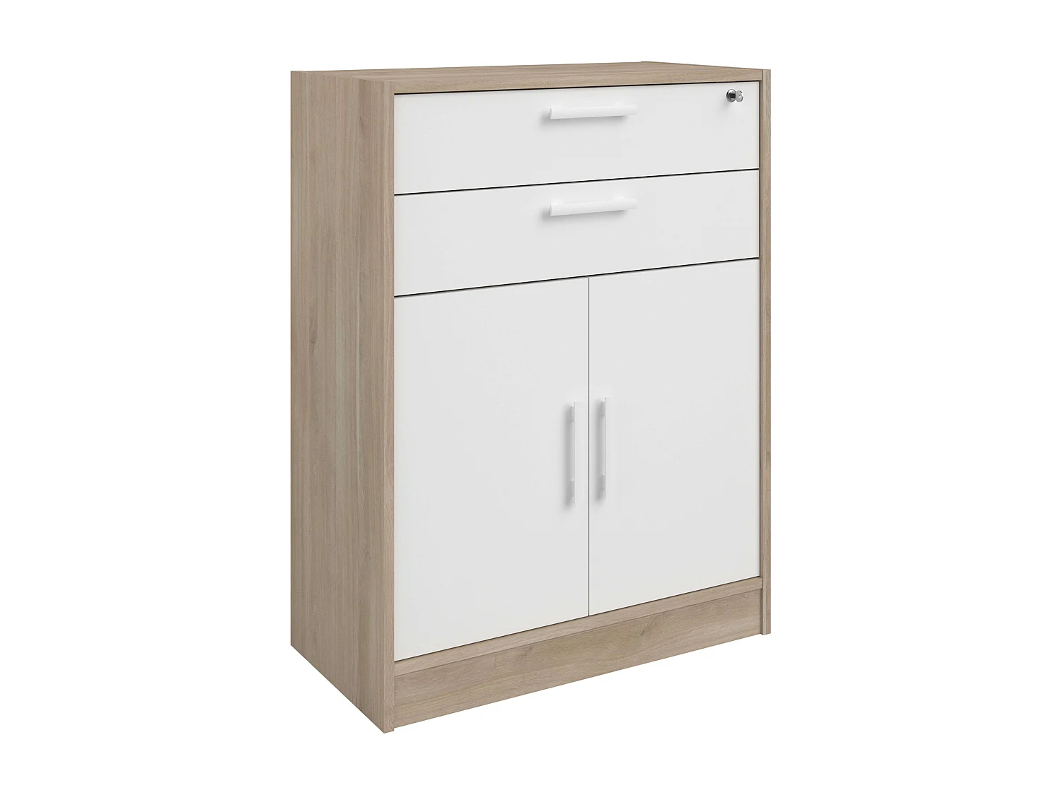 Armario bajo Veltis 2 cajones 2 puertas abatibles blanco y madera claro