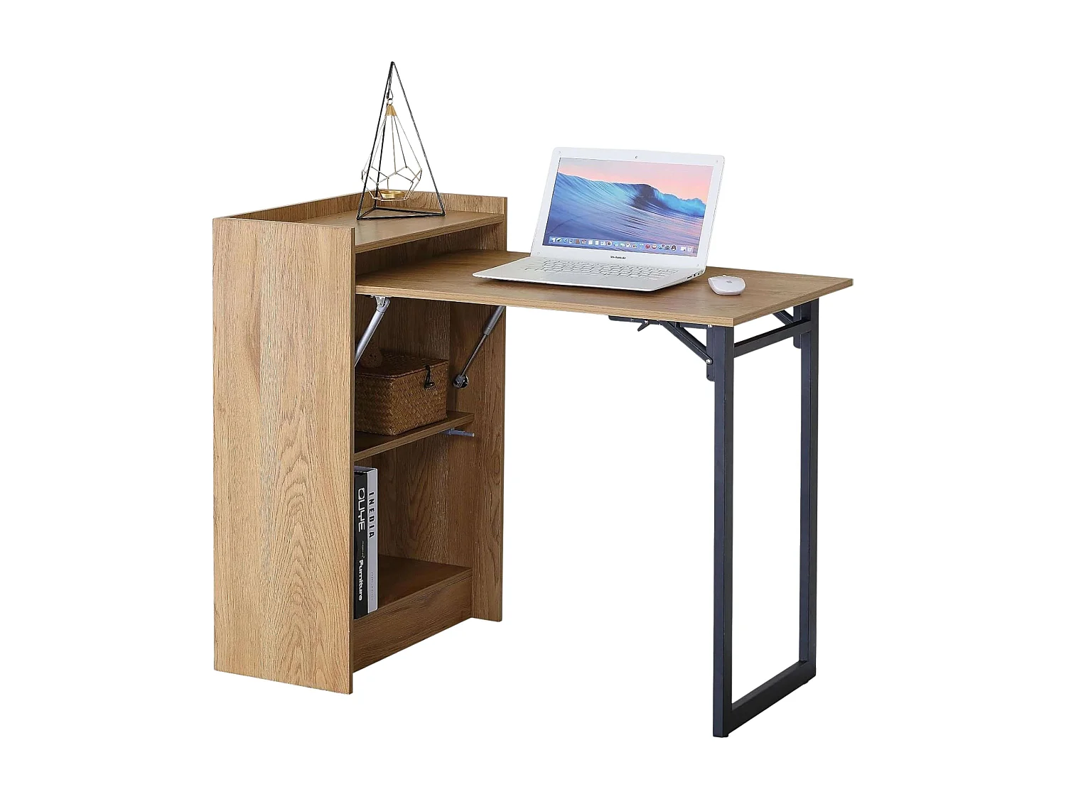 Mesa escritorio plegable 2 estantes roble cambrian y negro 102x85,5x58cm