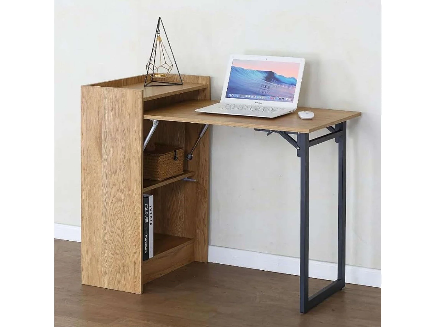 Mesa escritorio plegable 2 estantes roble cambrian y negro 102x85,5x58cm