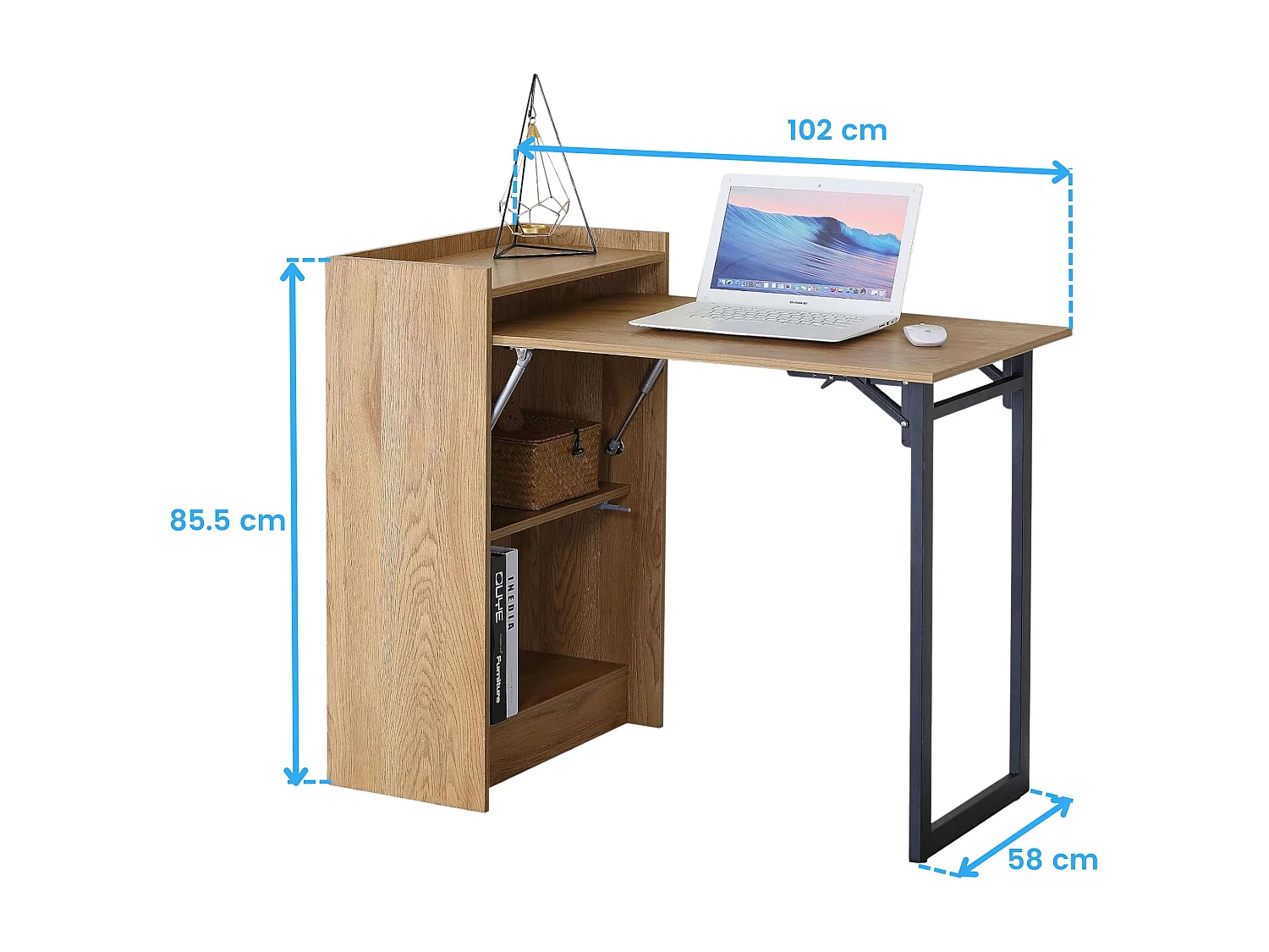 Mesa escritorio plegable 2 estantes roble cambrian y negro 102x85,5x58cm