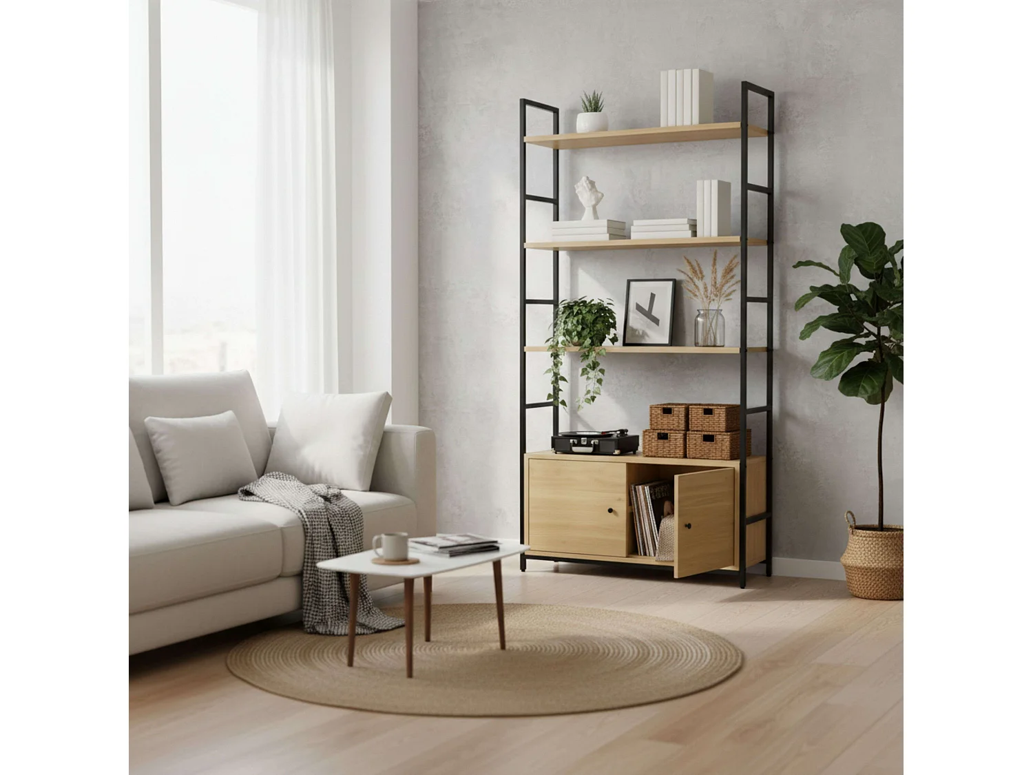 Estante com 4 prateleiras e 2 portas, carvalho preto cambriano, 59x144x24 cm