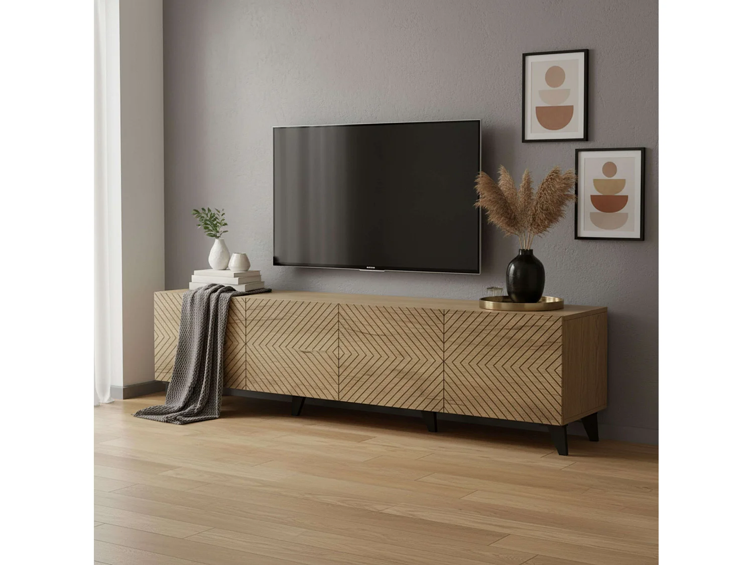 Móvel para TV Josi com 4 portas e 8 compartimentos, em carvalho artesanal e preto, 53,5 x 200 x 40 cm
