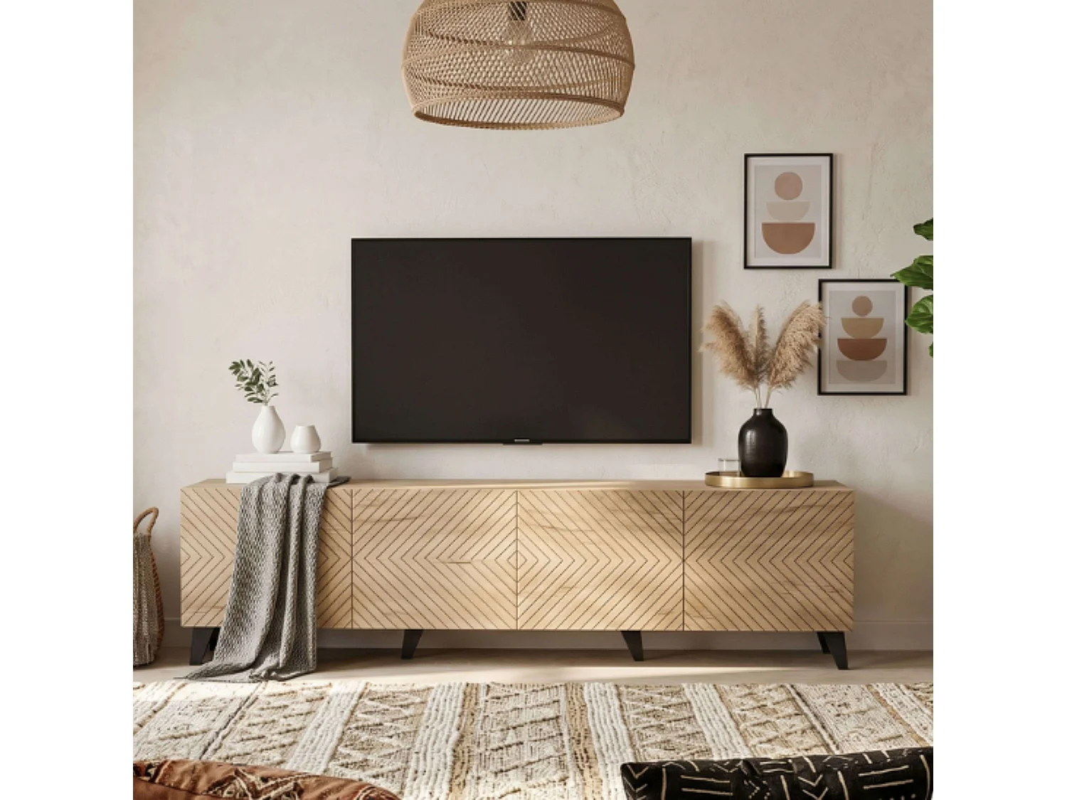 Móvel para TV Josi com 4 portas e 8 compartimentos, em carvalho artesanal e preto, 53,5 x 200 x 40 cm