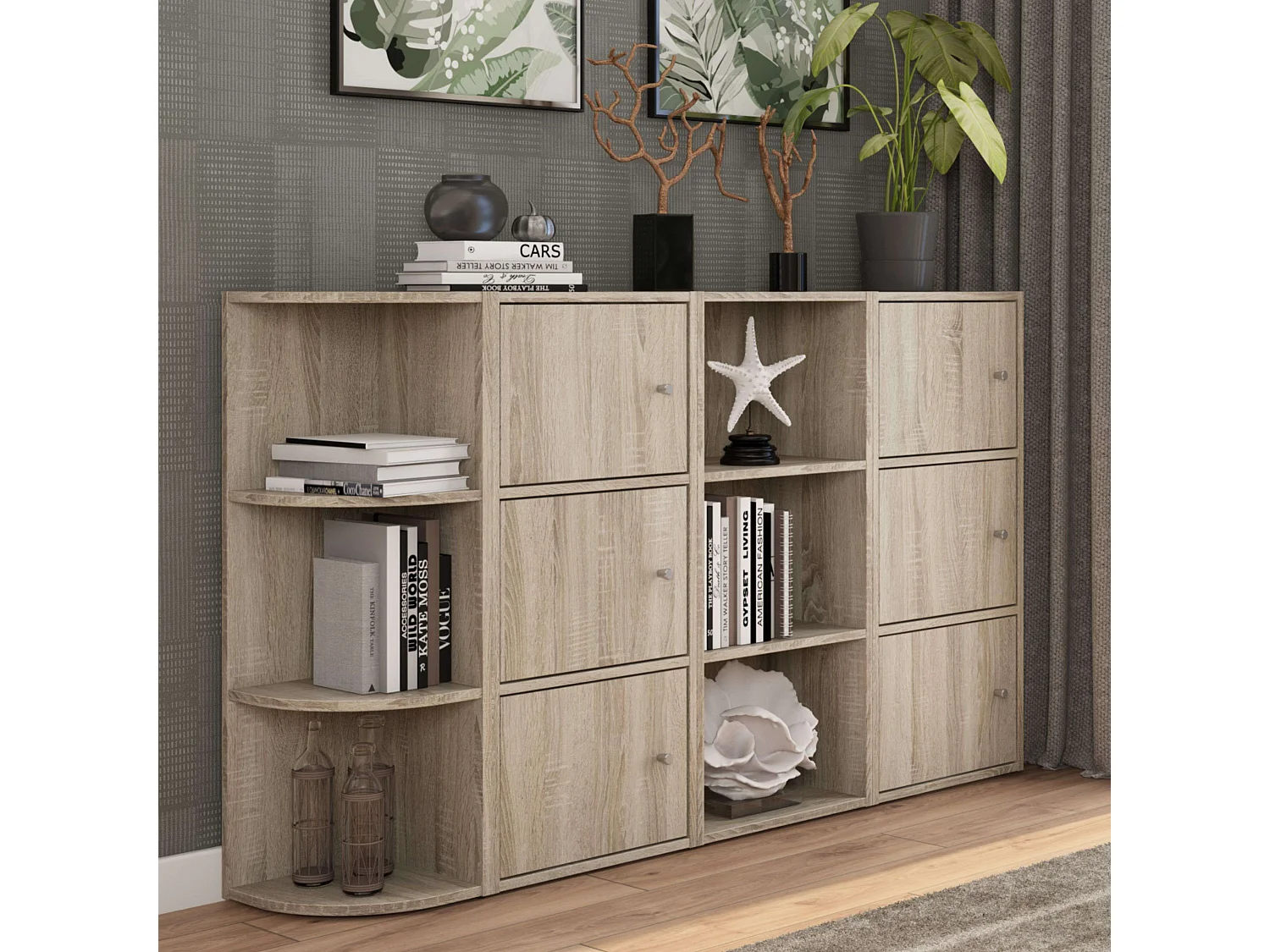 Aparador Plea 2 armarios 3 puertas roble sonoma y madera claro 92x155x29 cm