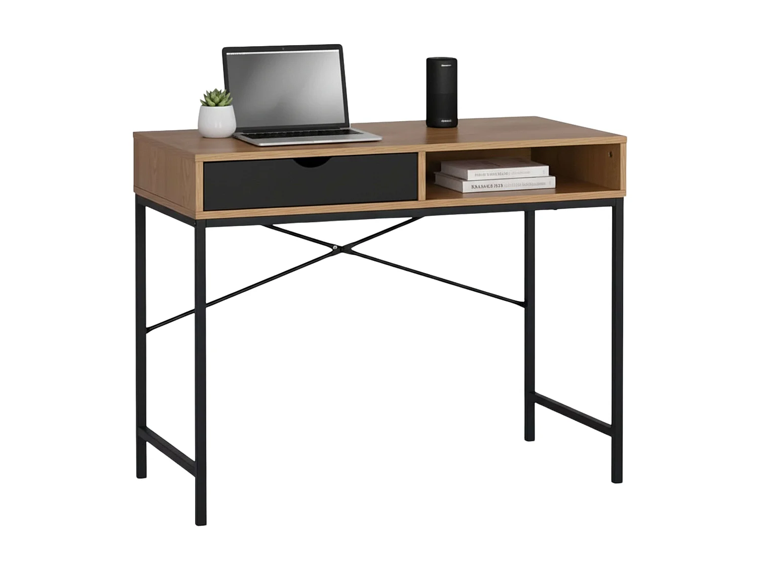 Escritorio industrial oficina 1 cajón y hueco roble cambrian negro 95x76.3x48 cm