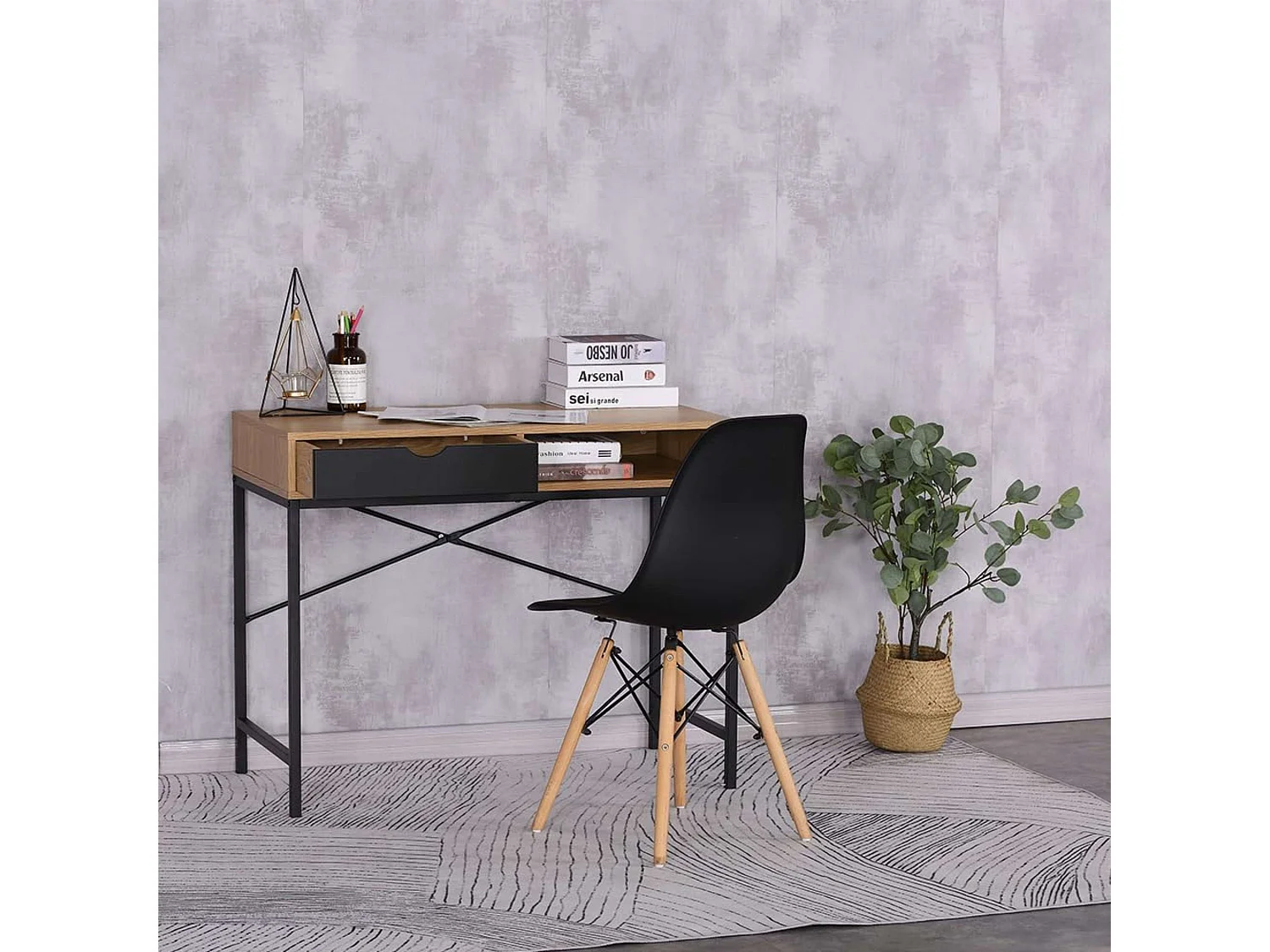 Escritorio industrial oficina 1 cajón y hueco roble cambrian negro 95x76.3x48 cm