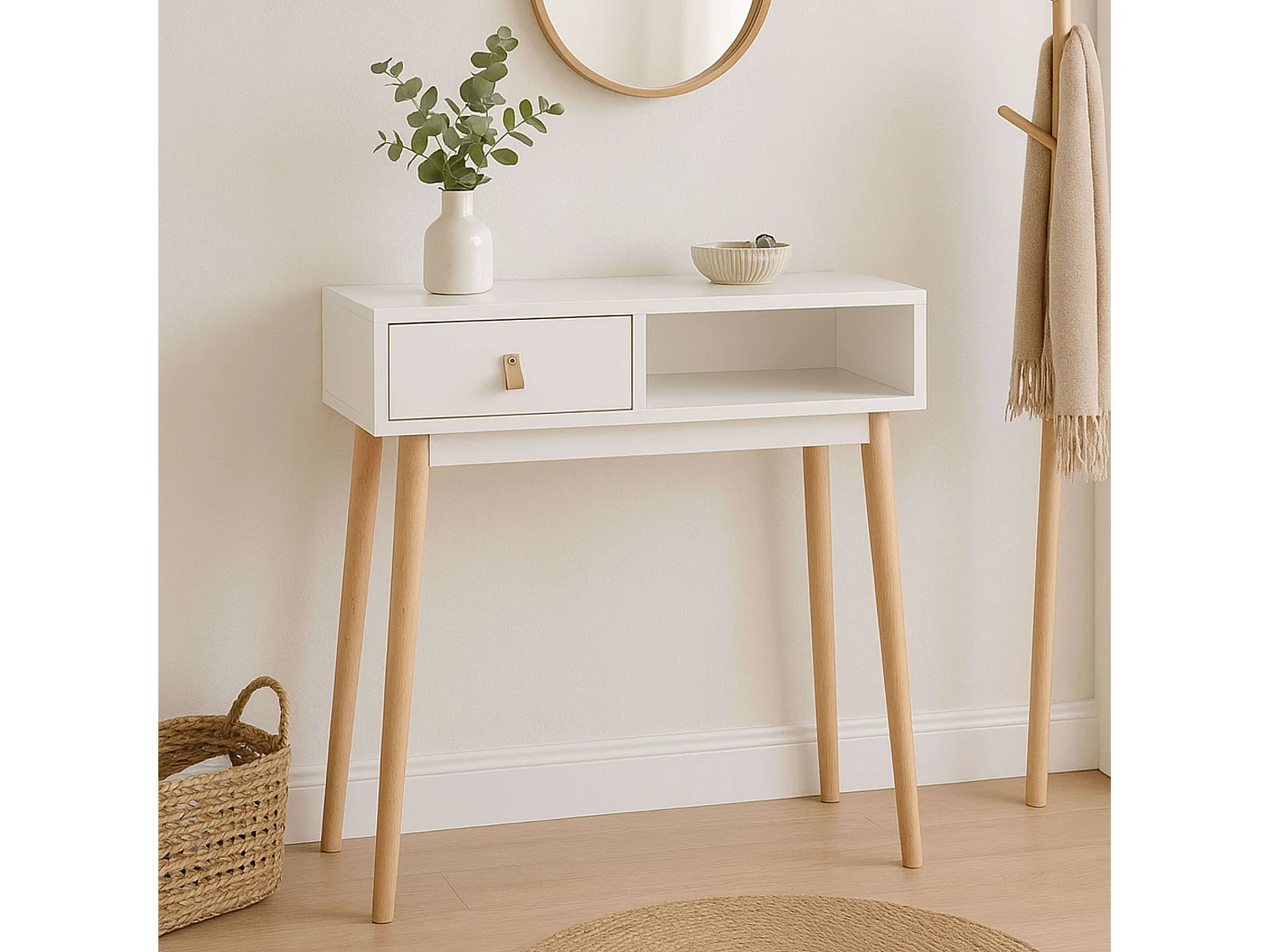 Recibidor Anzio entrada 1 cajón y 1 hueco blanco y madera claro 60x80x30 cm