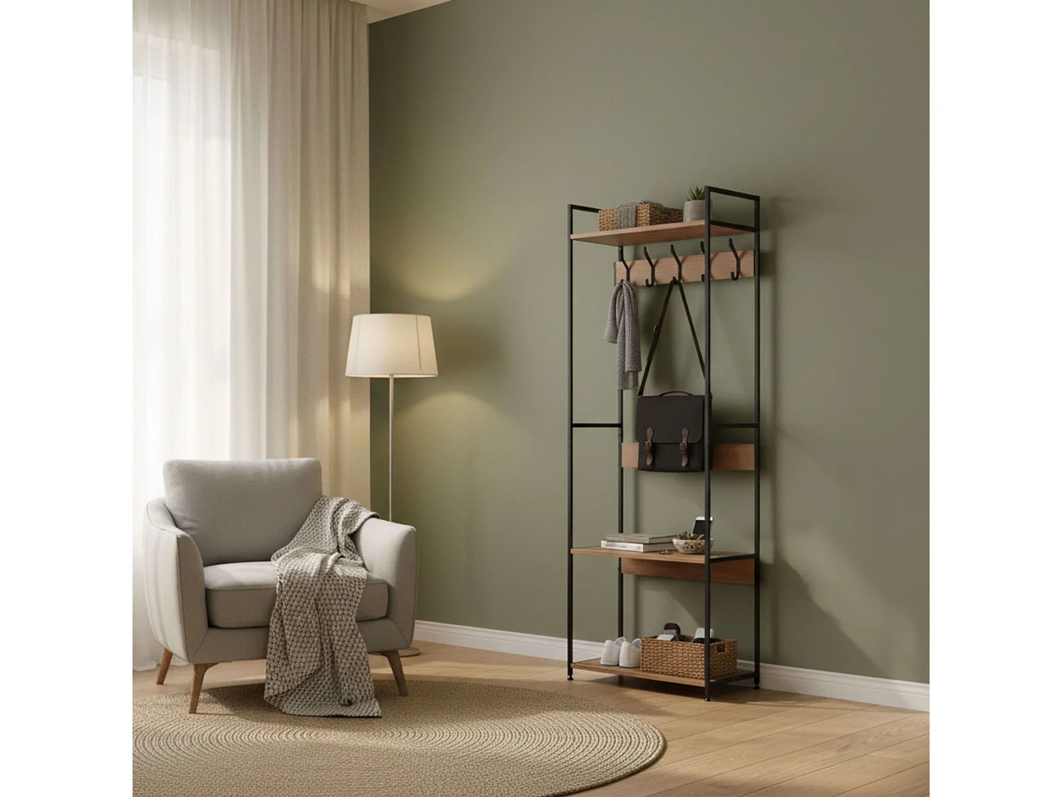 Perchero entrada 5 colgadores 3 estantes roble cambrian/negro 60x175x40 cm