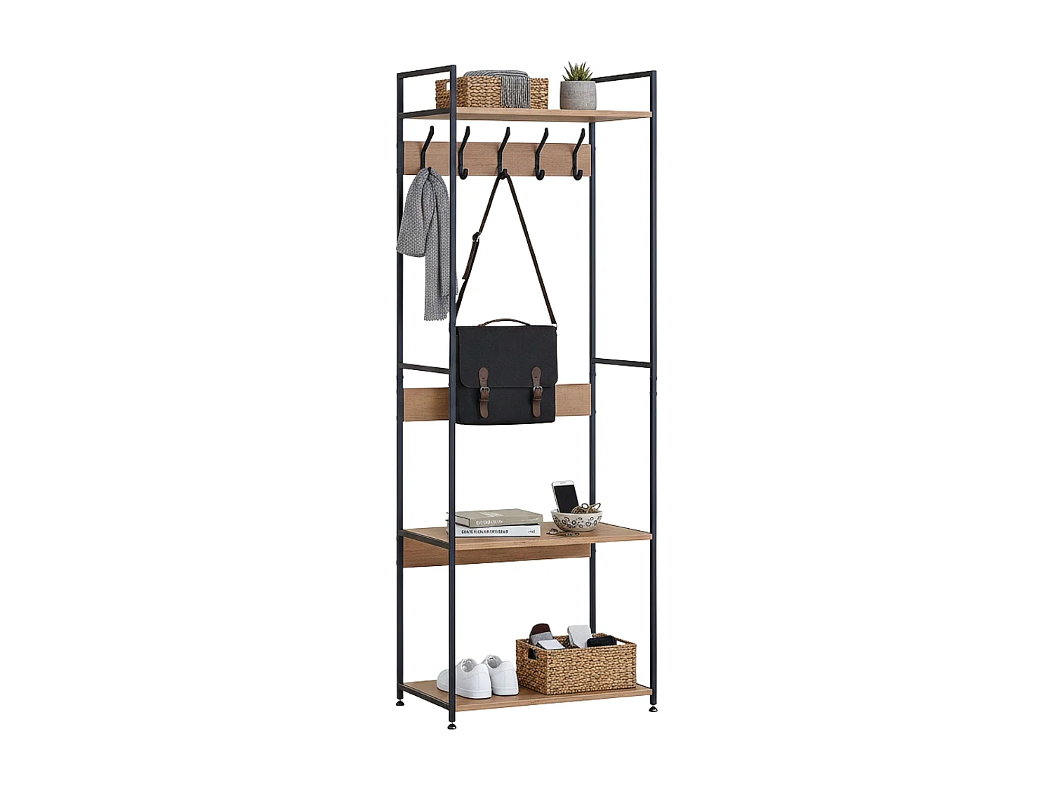 Perchero entrada 5 colgadores 3 estantes roble cambrian/negro 60x175x40 cm