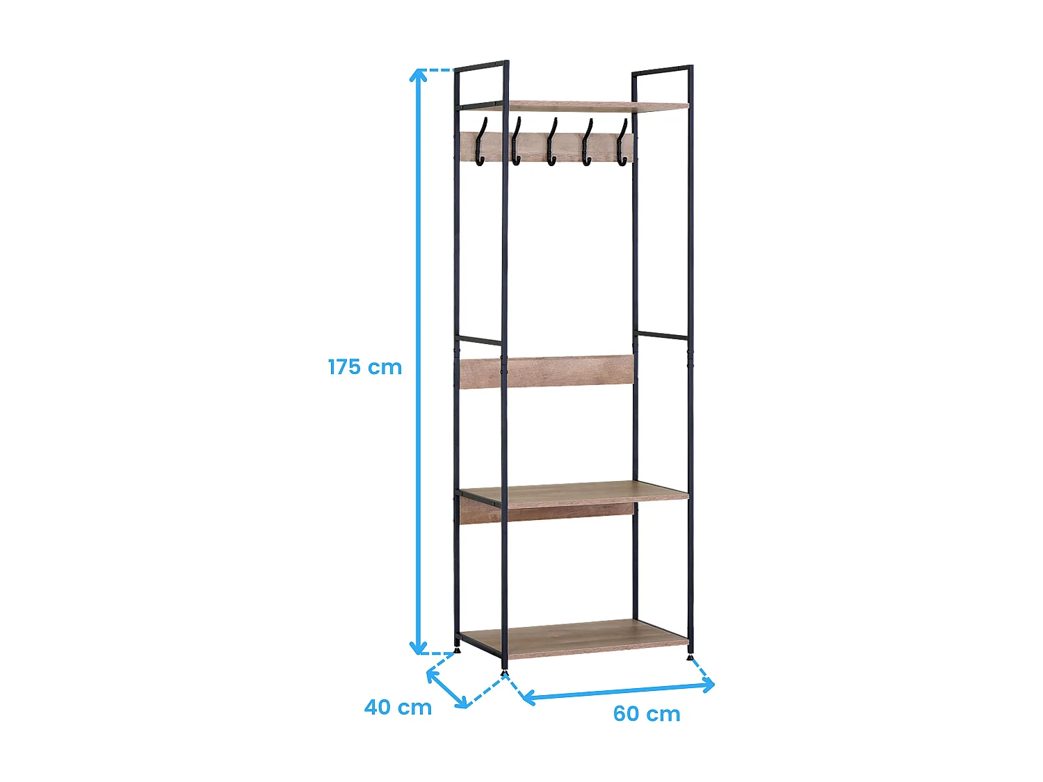 Perchero entrada 5 colgadores 3 estantes roble cambrian/negro 60x175x40 cm