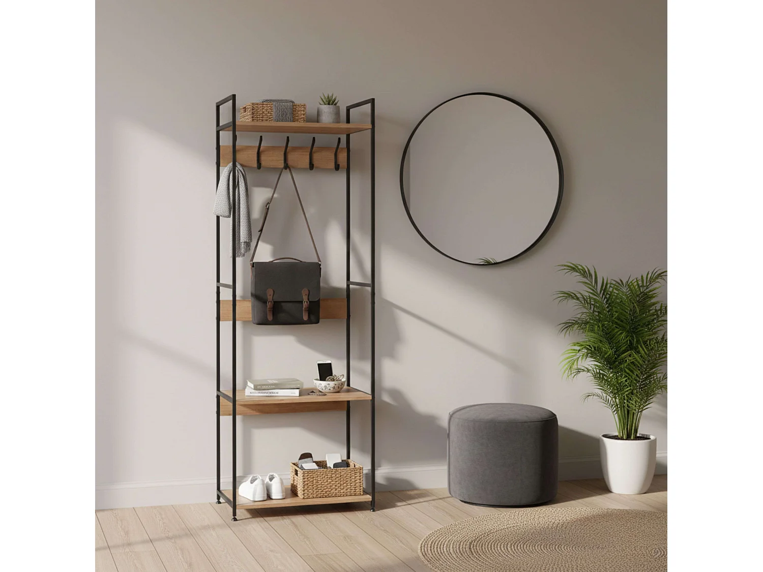 Perchero entrada 5 colgadores 3 estantes roble cambrian/negro 60x175x40 cm