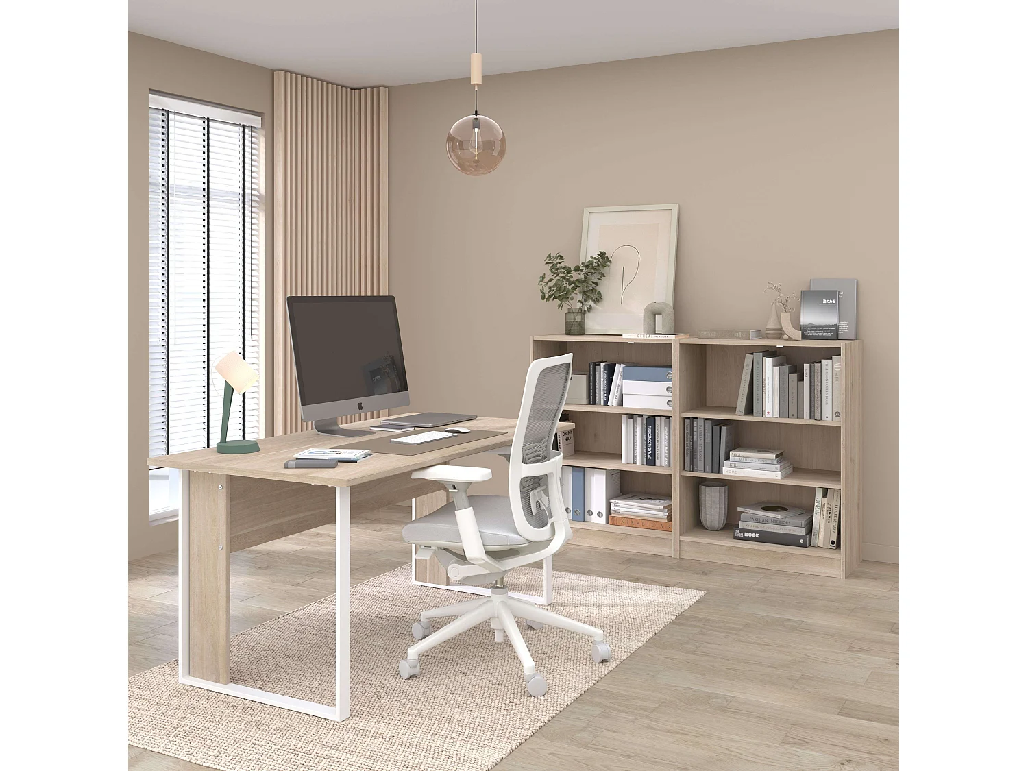 Pack oficina Veltis blanco y madera claro(mesa + cajonera + 2 estanterías)