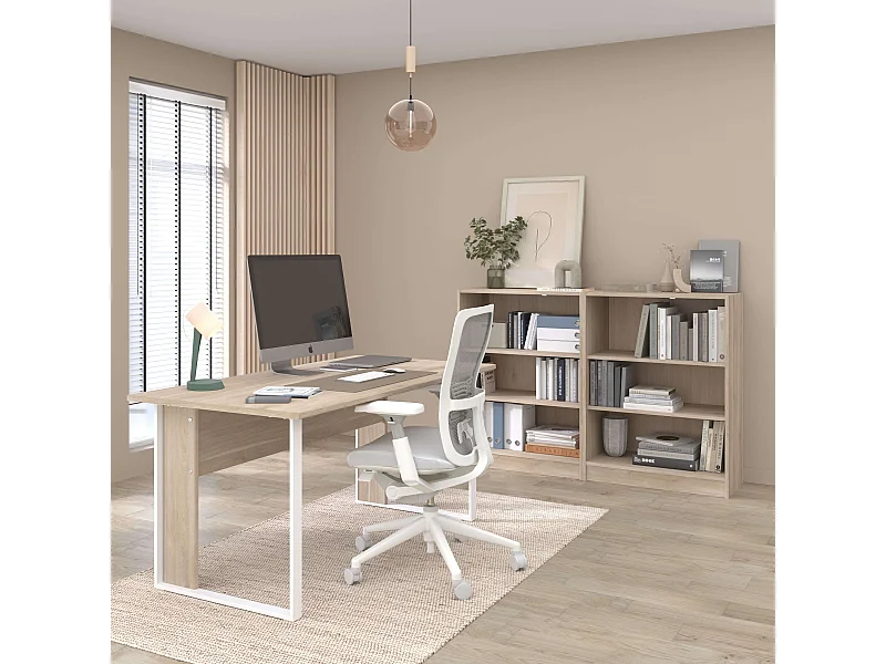 Pack oficina Veltis blanco y madera claro(mesa + cajonera + 2 estanterías)