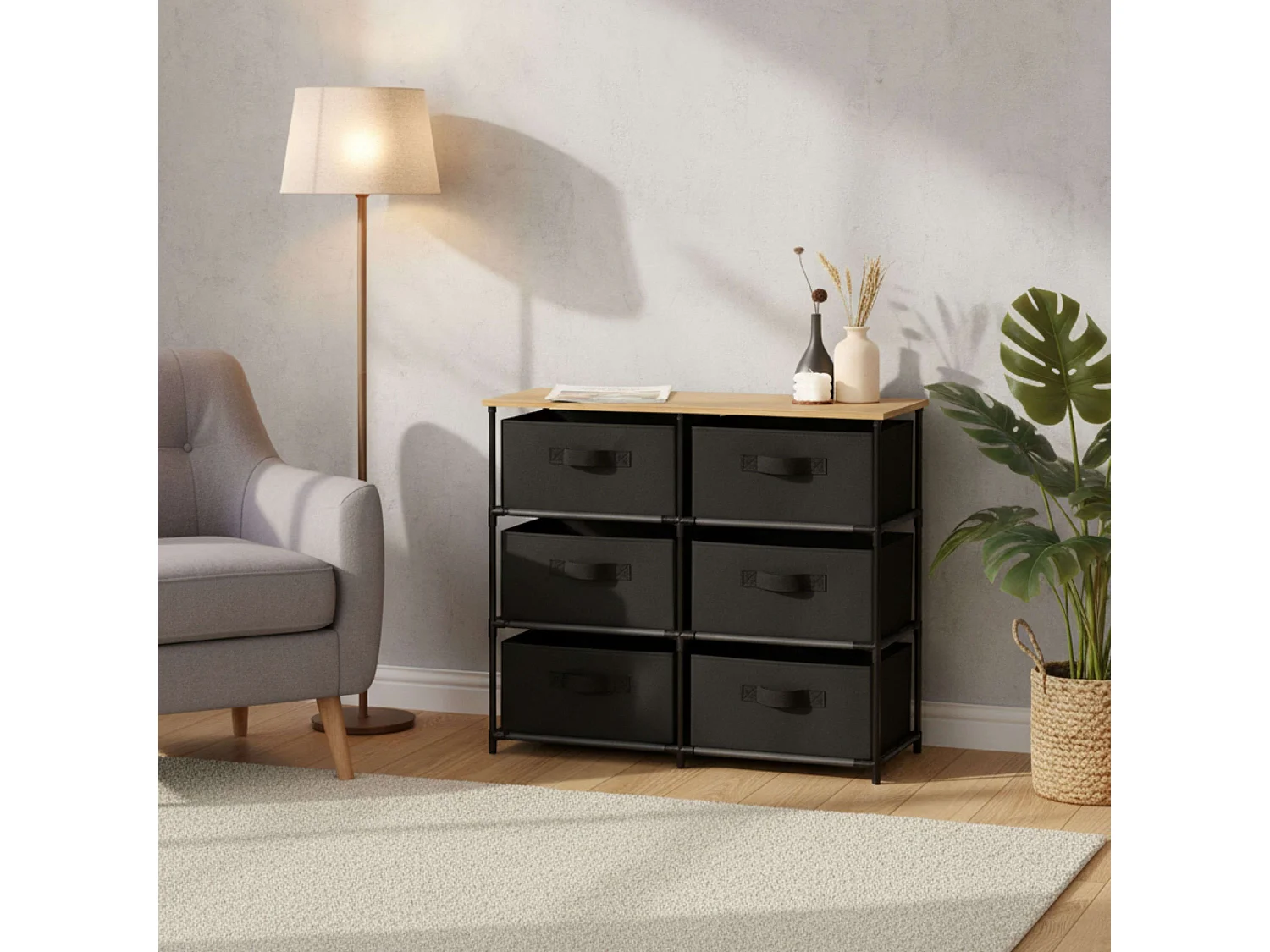 Mueble auxiliar 6 cajones dorm. recibidor roble cambrian negro 75.6x68x30 cm