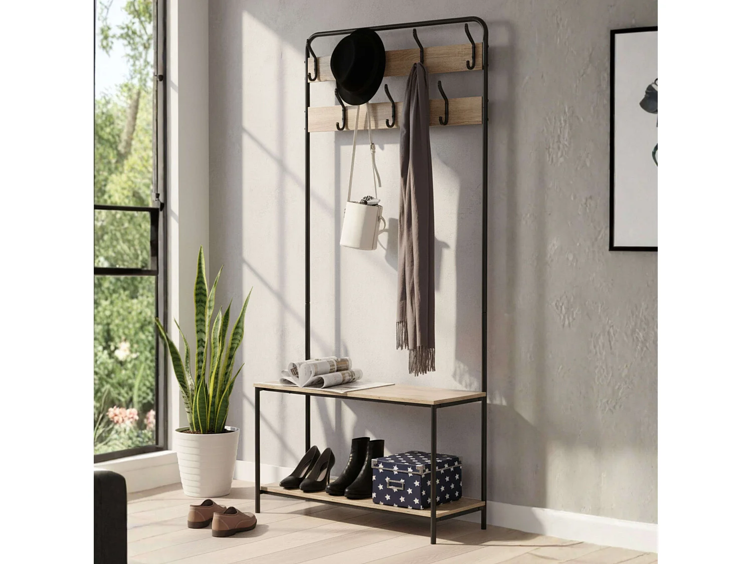 Perchero entrada 2 baldas 7 colgadores roble cambrian negro 80x170x30 cm