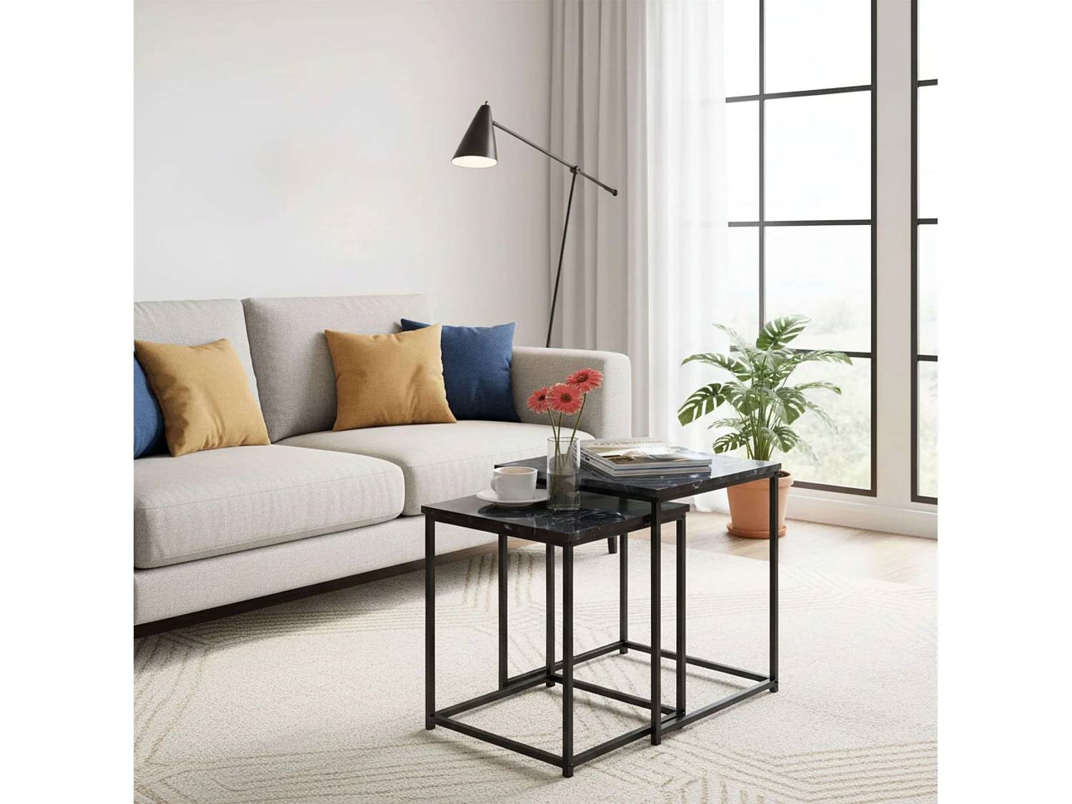 Mesas centro auxiliares 2 niveles negro y gris 40x50x40 cm y 35x45x35 cm