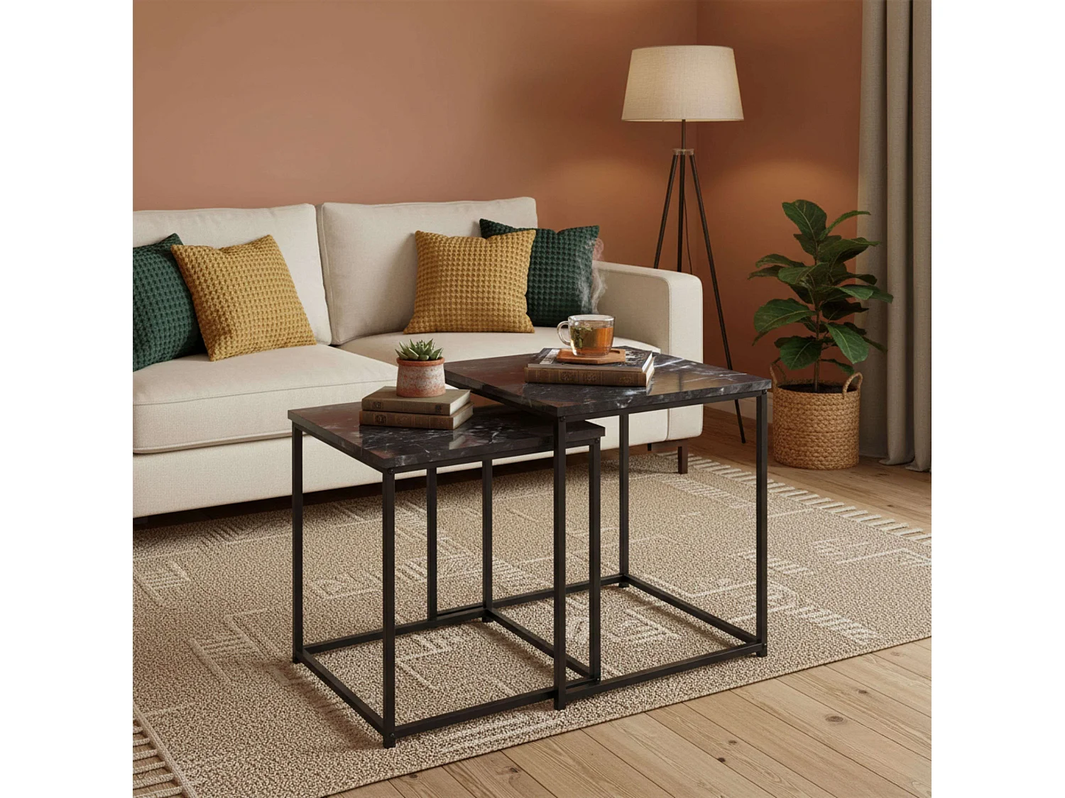 Mesas centro auxiliares 2 niveles negro y gris 40x50x40 cm y 35x45x35 cm