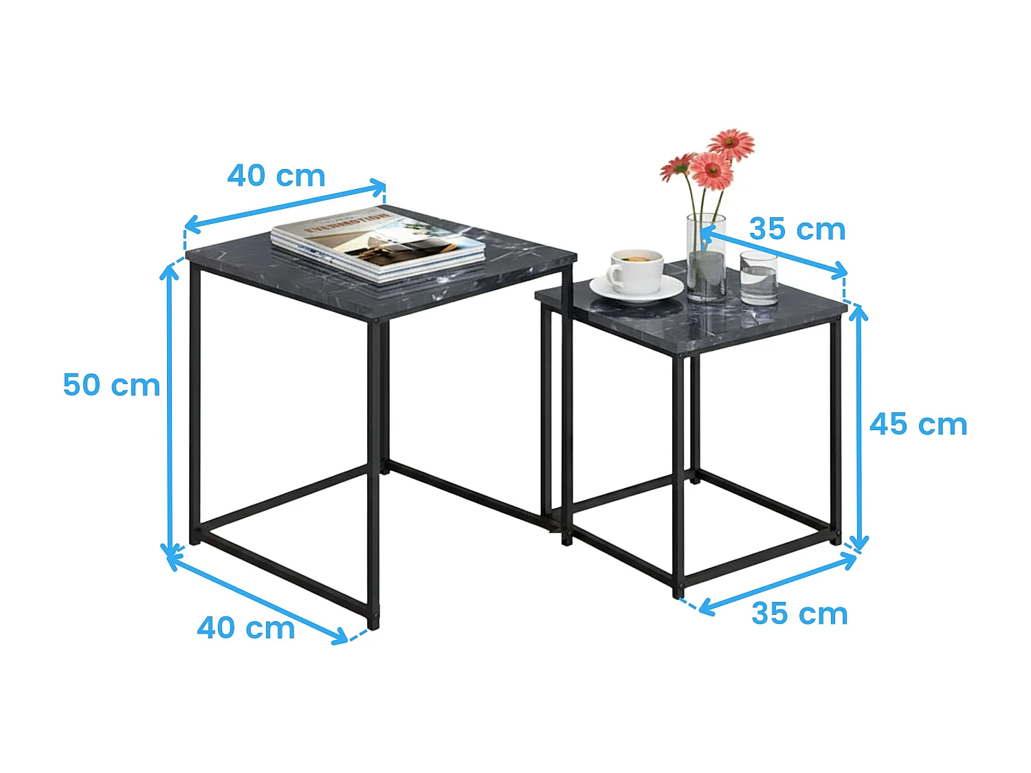 Mesas centro auxiliares 2 niveles negro y gris 40x50x40 cm y 35x45x35 cm