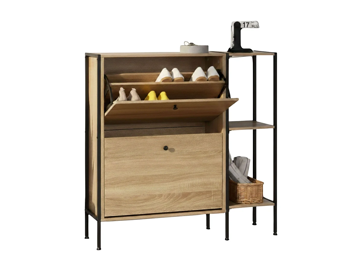 Zapatero recibidor 2 puertas y estantes roble cambrian-negro 88x105.5x24 cm