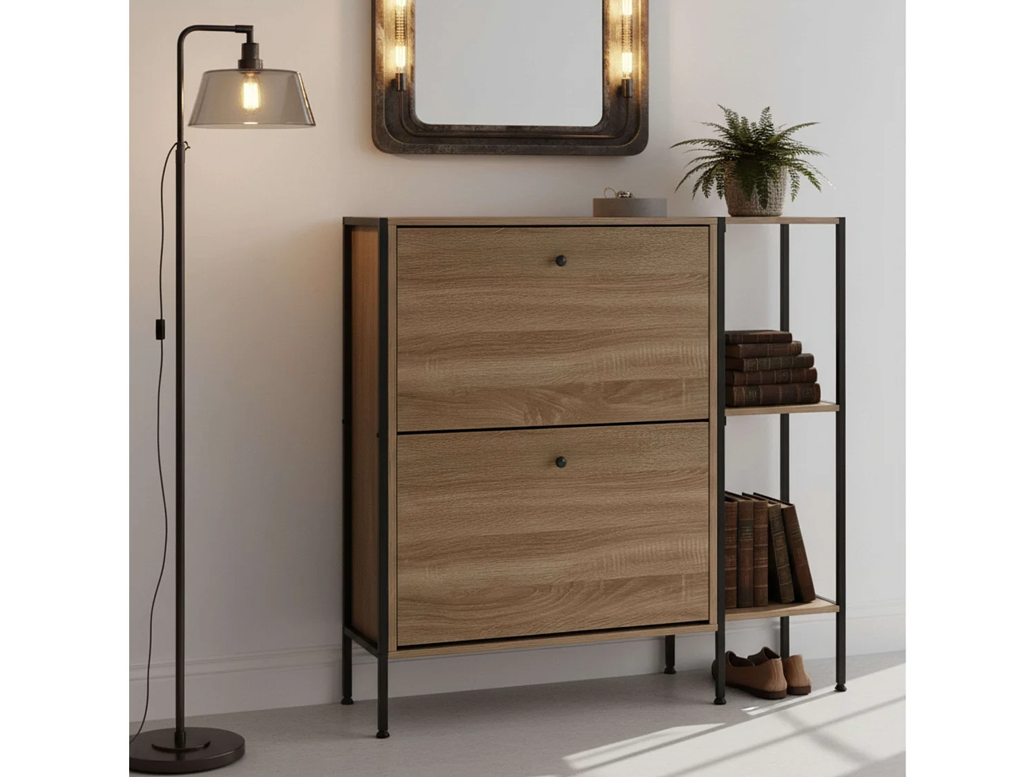 Zapatero recibidor 2 puertas y estantes roble cambrian-negro 88x105.5x24 cm