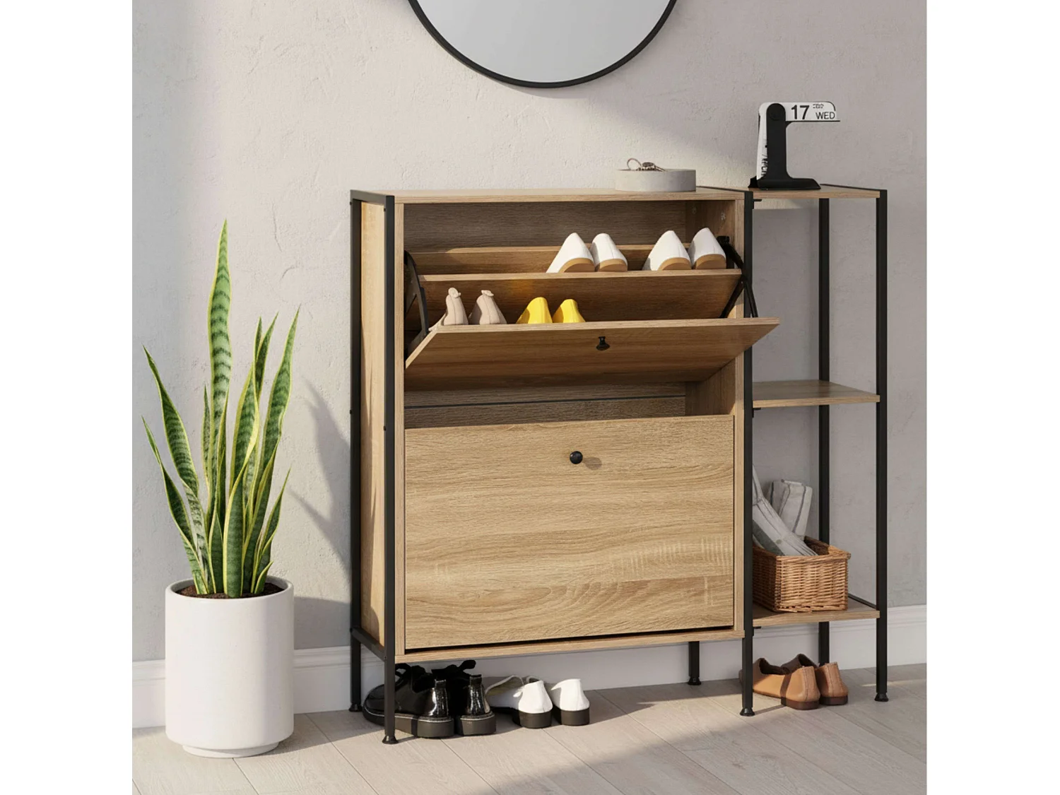 Zapatero recibidor 2 puertas y estantes roble cambrian-negro 88x105.5x24 cm