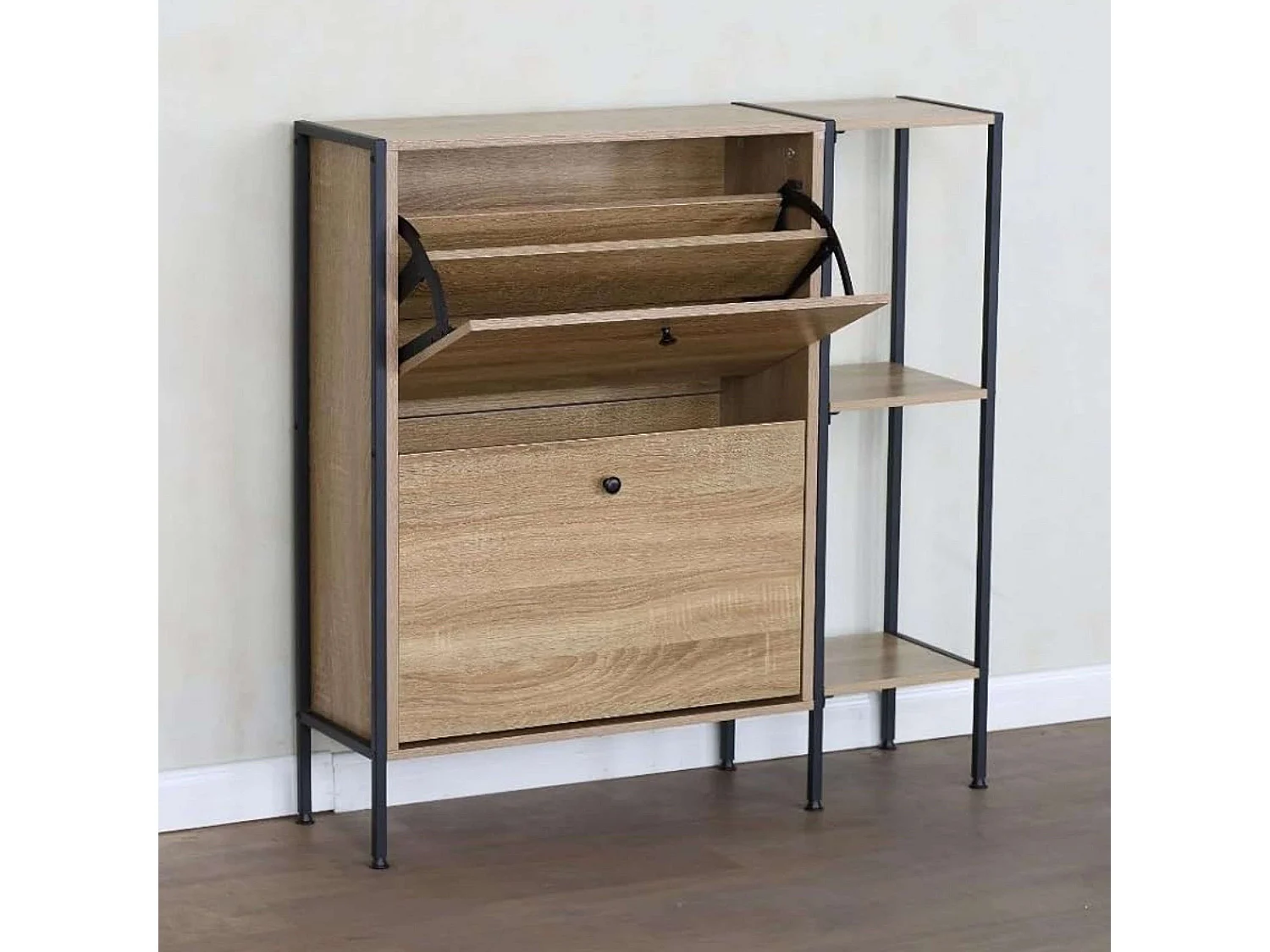 Zapatero recibidor 2 puertas y estantes roble cambrian-negro 88x105.5x24 cm