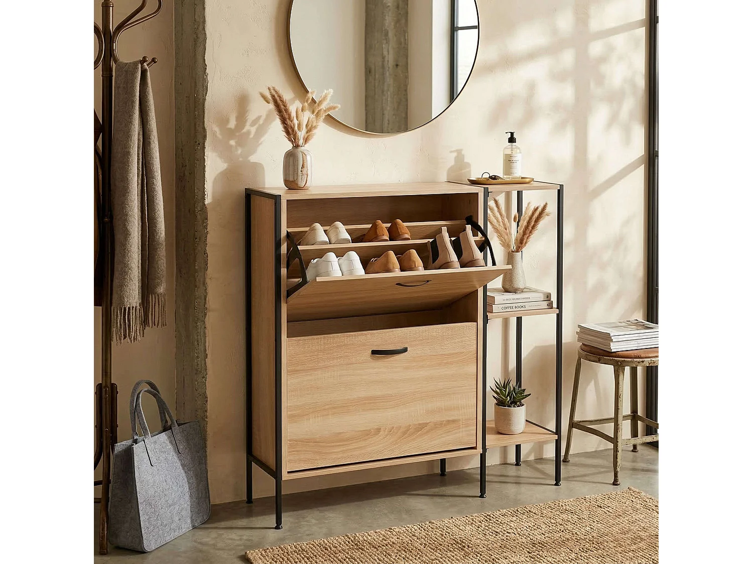 Sapateira de corredor com 2 portas e prateleiras, carvalho cambriano-preto, 88x105,5x24 cm