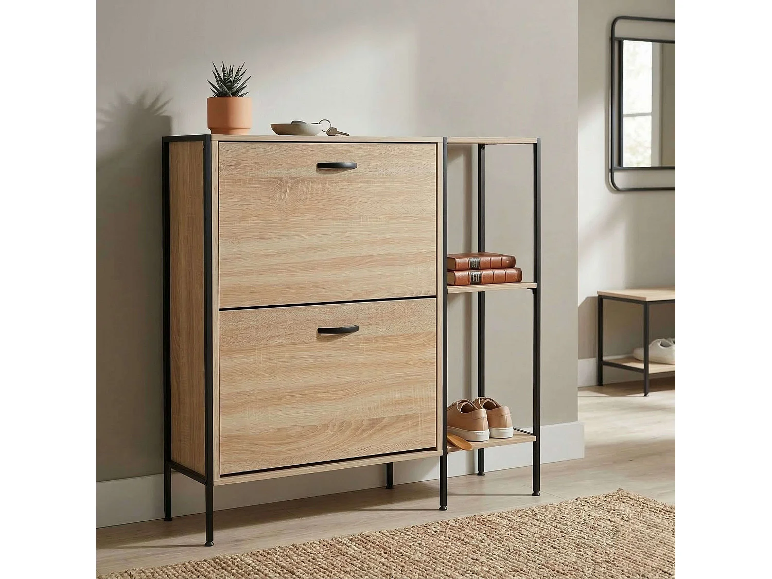 Sapateira de corredor com 2 portas e prateleiras, carvalho cambriano-preto, 88x105,5x24 cm