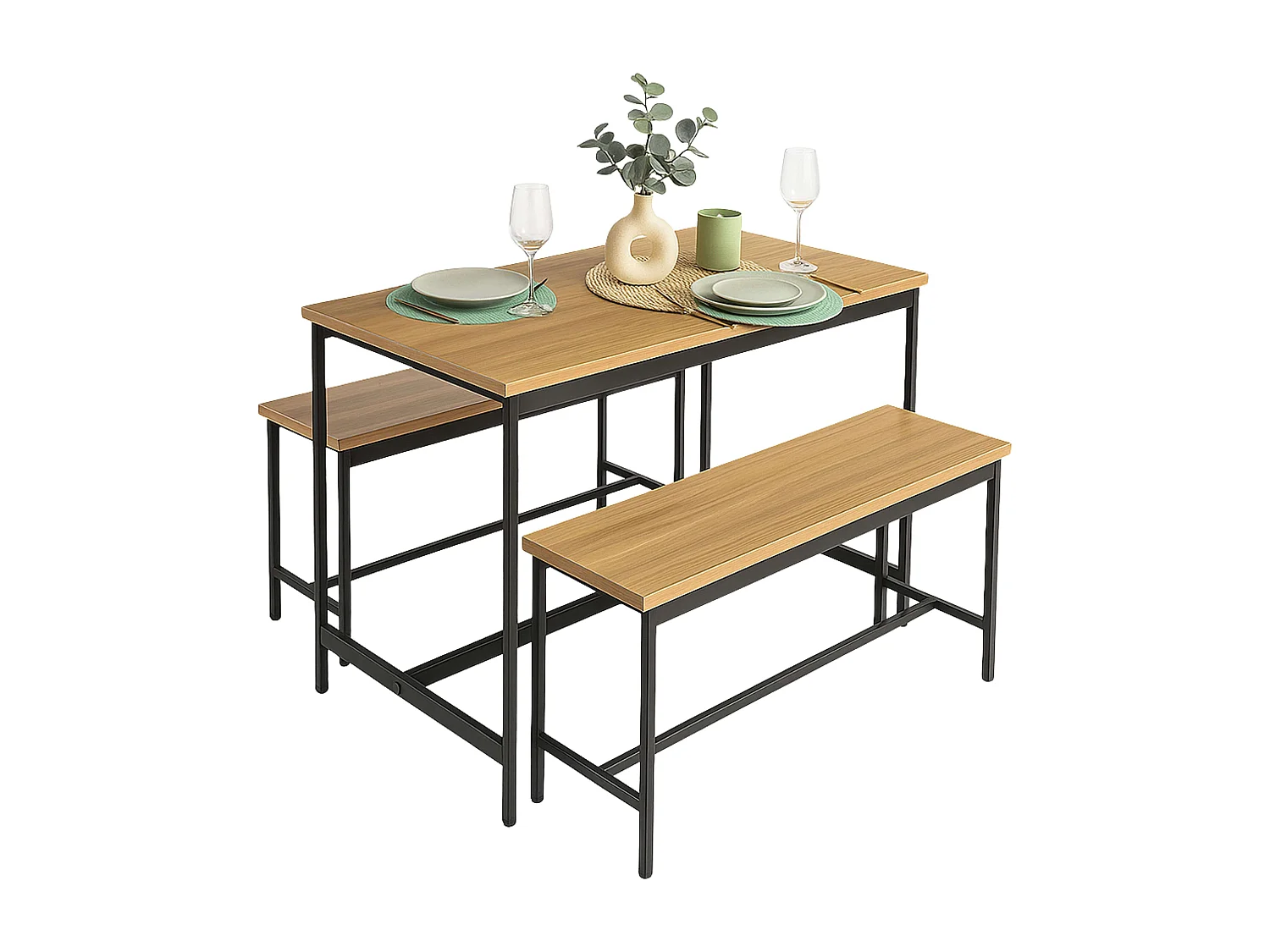 Mesa cocina fija + 2 bancos roble cambrian/negro melamina metal 110x75x60 cm