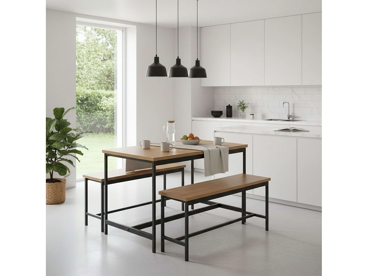 Mesa cocina fija + 2 bancos roble cambrian/negro melamina metal 110x75x60 cm