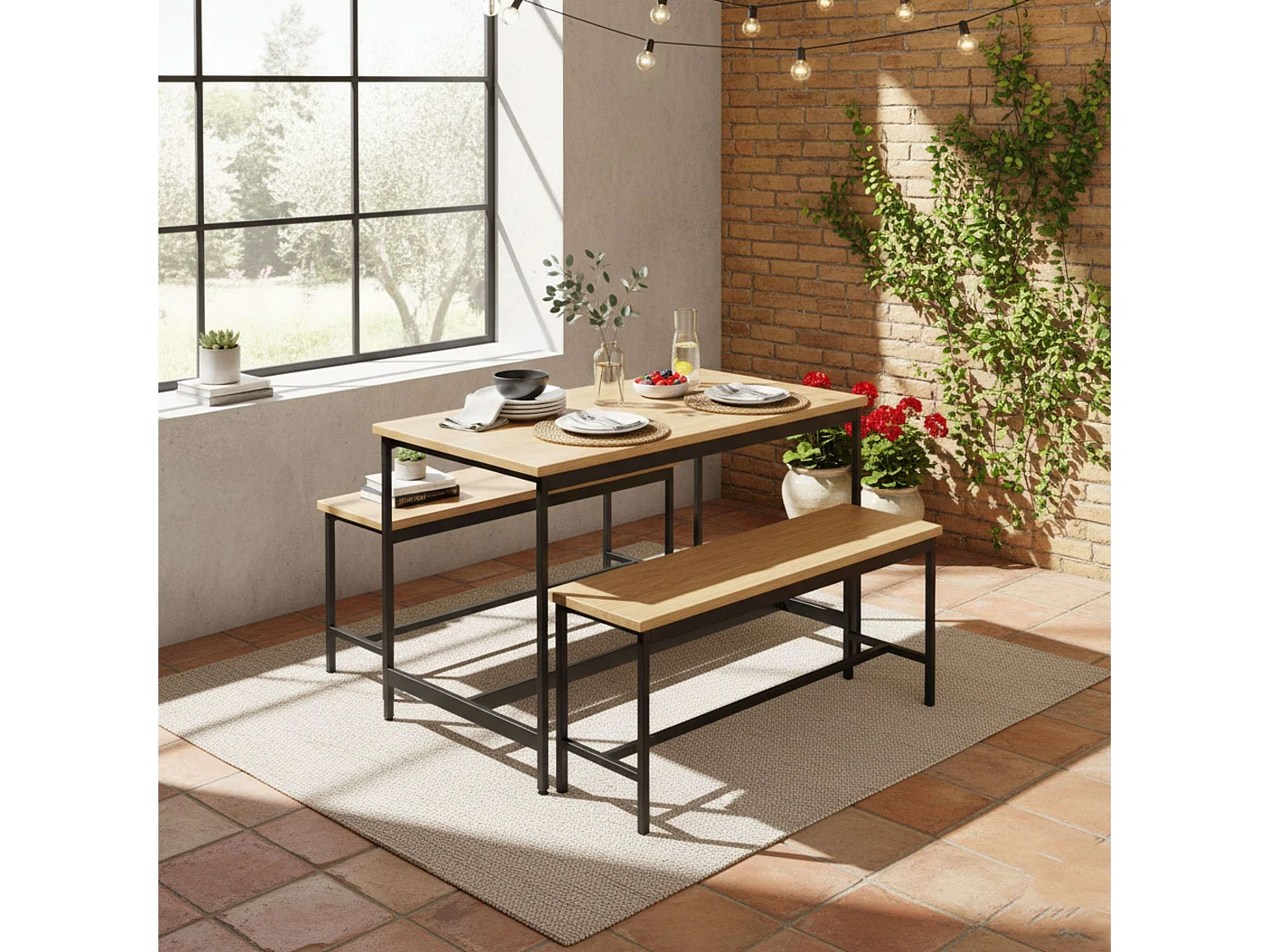 Mesa cocina fija + 2 bancos roble cambrian/negro melamina metal 110x75x60 cm
