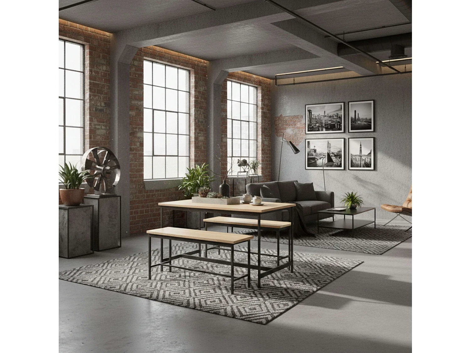 Mesa cocina fija + 2 bancos roble cambrian/negro melamina metal 110x75x60 cm