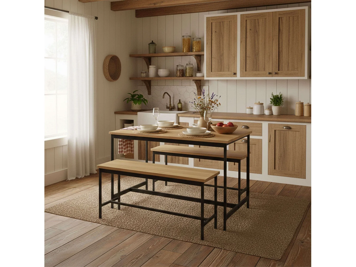 Mesa cocina fija + 2 bancos roble cambrian/negro melamina metal 110x75x60 cm
