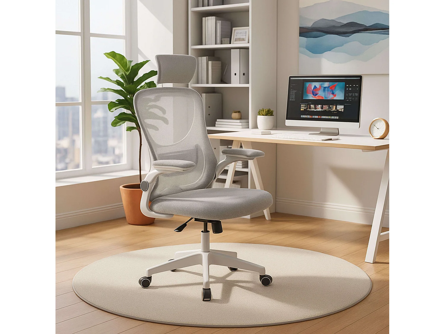 Silla escritorio Admis estudio reposacabezas blanco y gris 106/116x62x62 cm