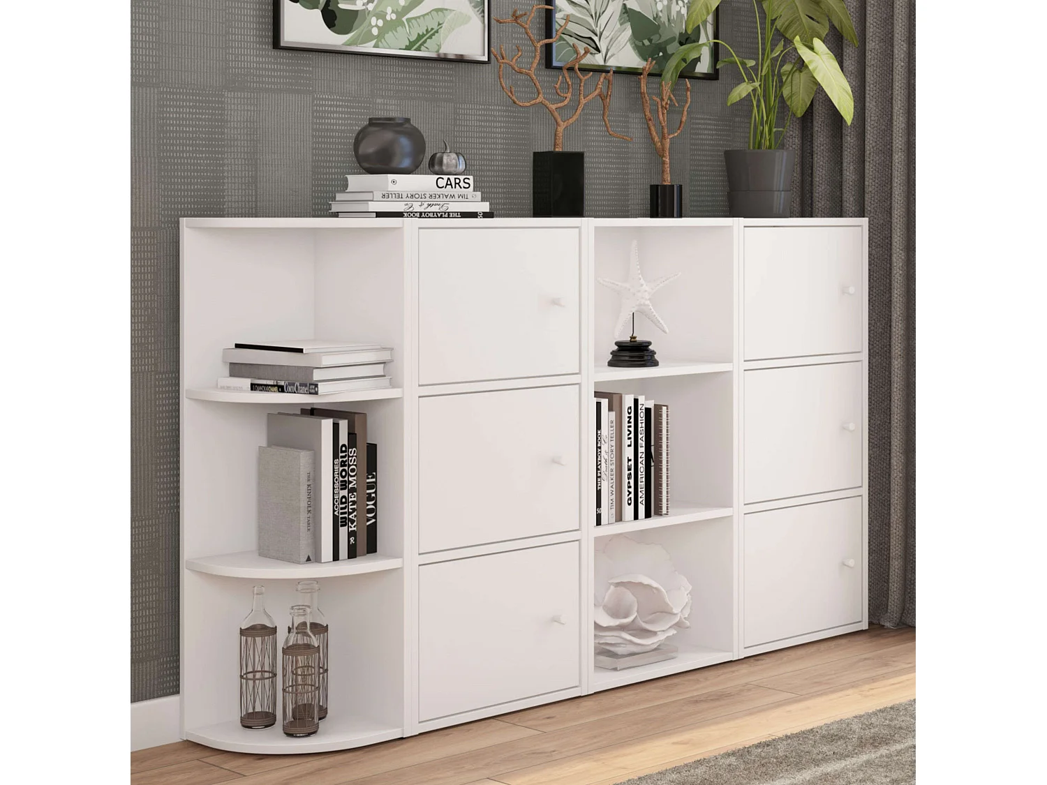 Aparador de sala Plea com 2 armários e 3 portas, branco fosco, 92 x 155 x 29 cm