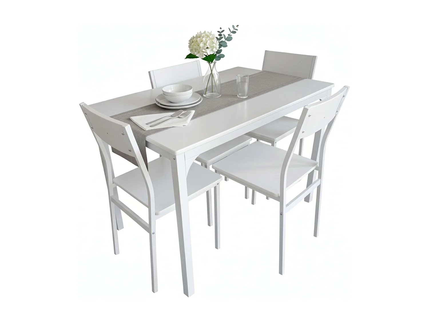 Conjunto de jantar branco (mesa + 4 cadeiras), mesa 110x76x70 cm em melamina.