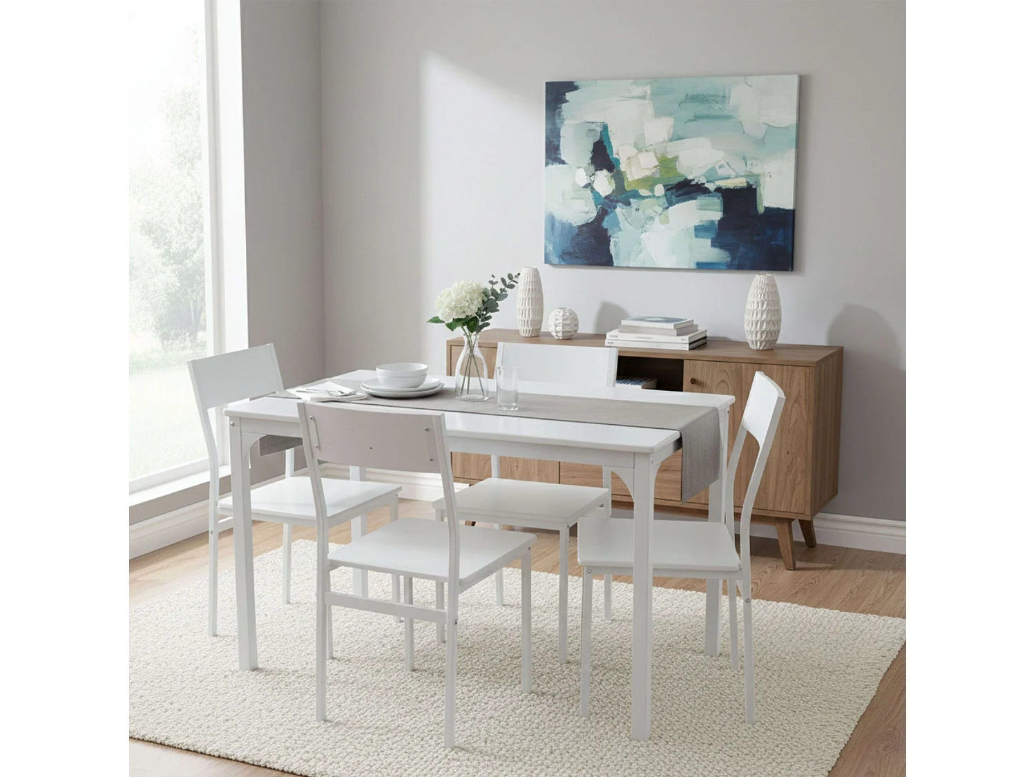 Conjunto de jantar branco (mesa + 4 cadeiras), mesa 110x76x70 cm em melamina.