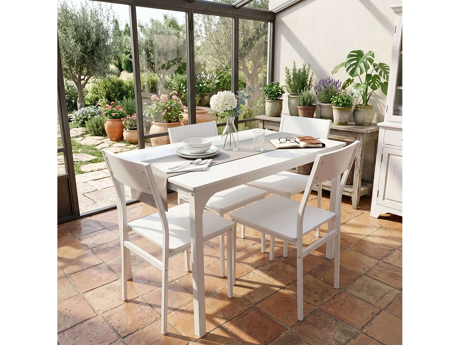 Conjunto de jantar branco (mesa + 4 cadeiras), mesa 110x76x70 cm em melamina.
