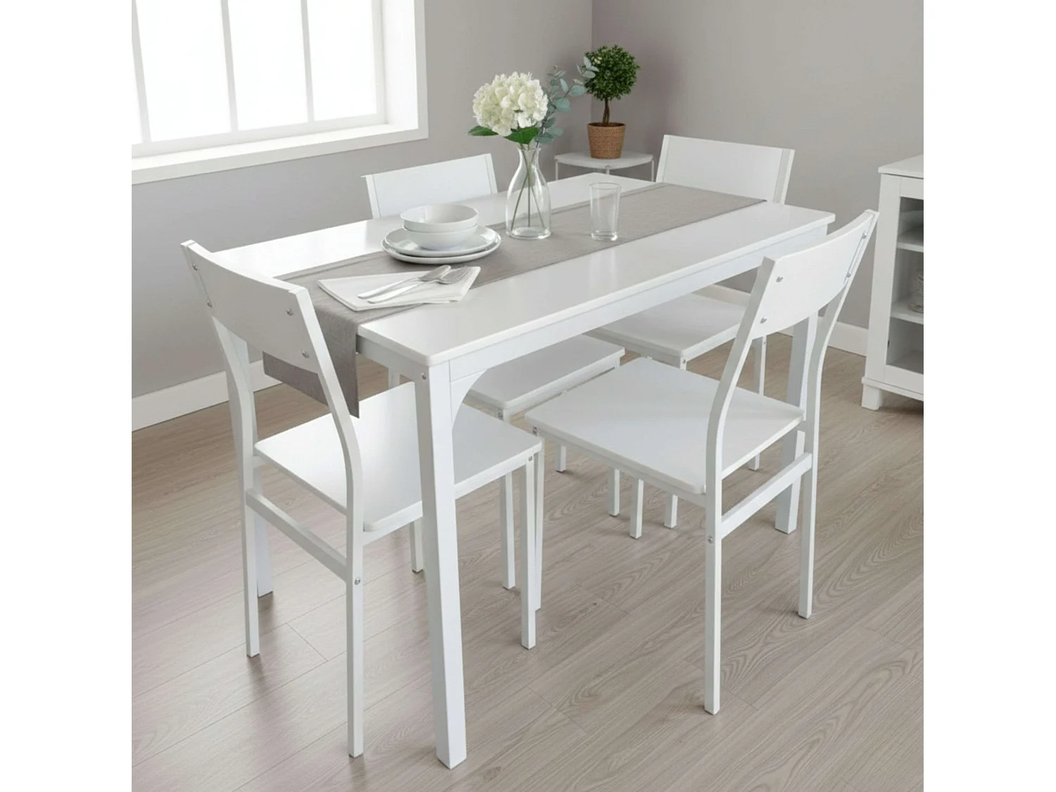 Conjunto de jantar branco (mesa + 4 cadeiras), mesa 110x76x70 cm em melamina.