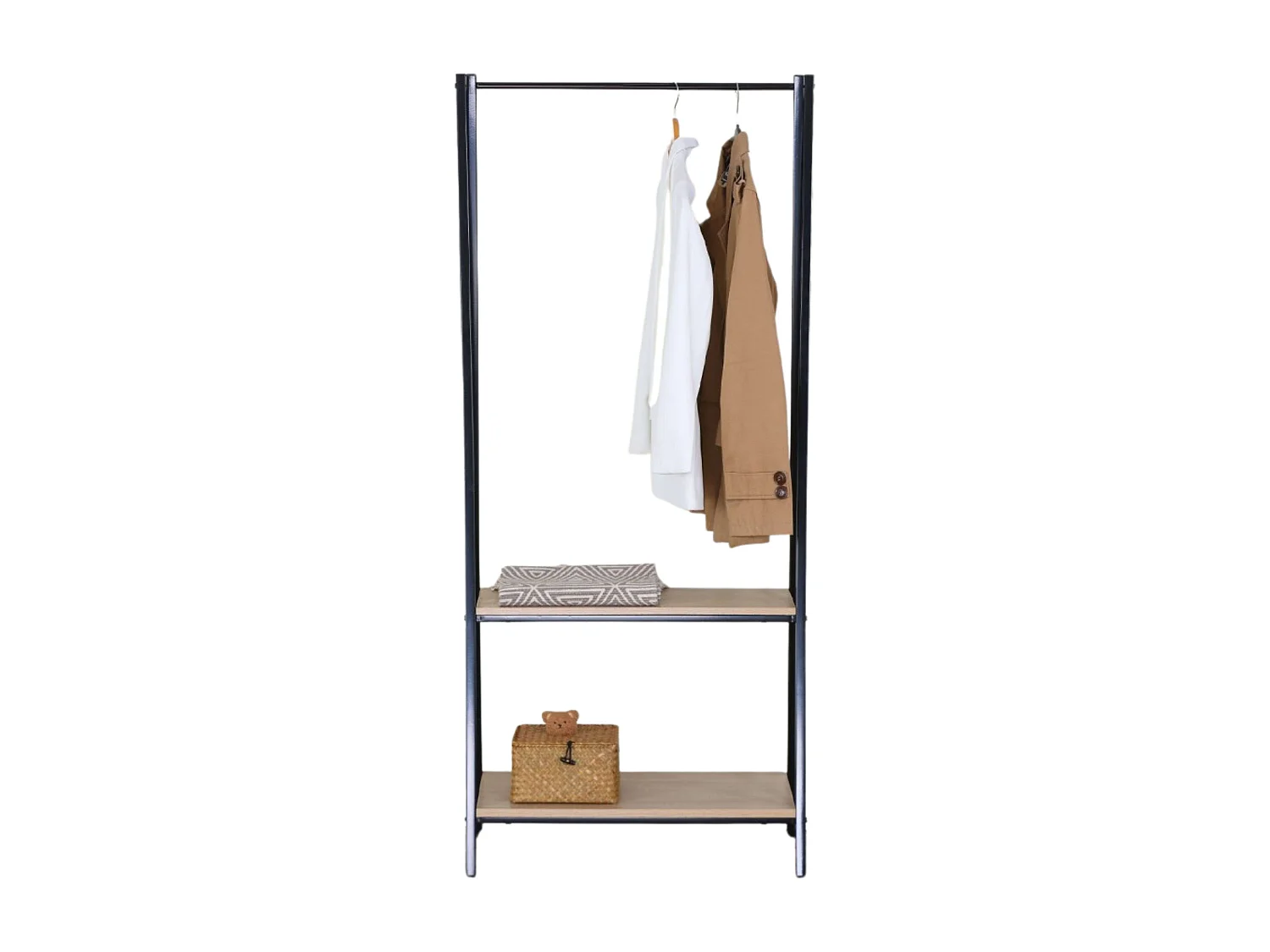 Burro de ropa 2 estantes melamina y metal roble cambrian negro 64x150x40 cm