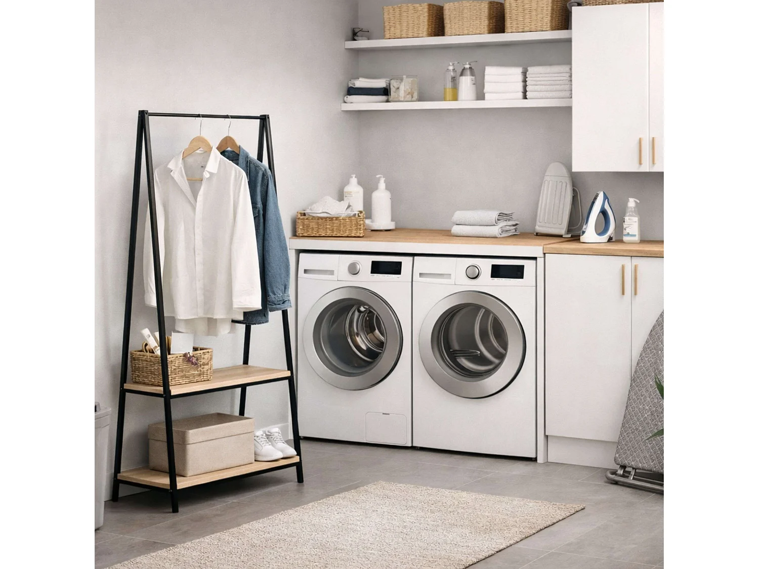 Cabideiro com 2 prateleiras, melamina e metal carvalho preto cambriano, 64x150x40 cm