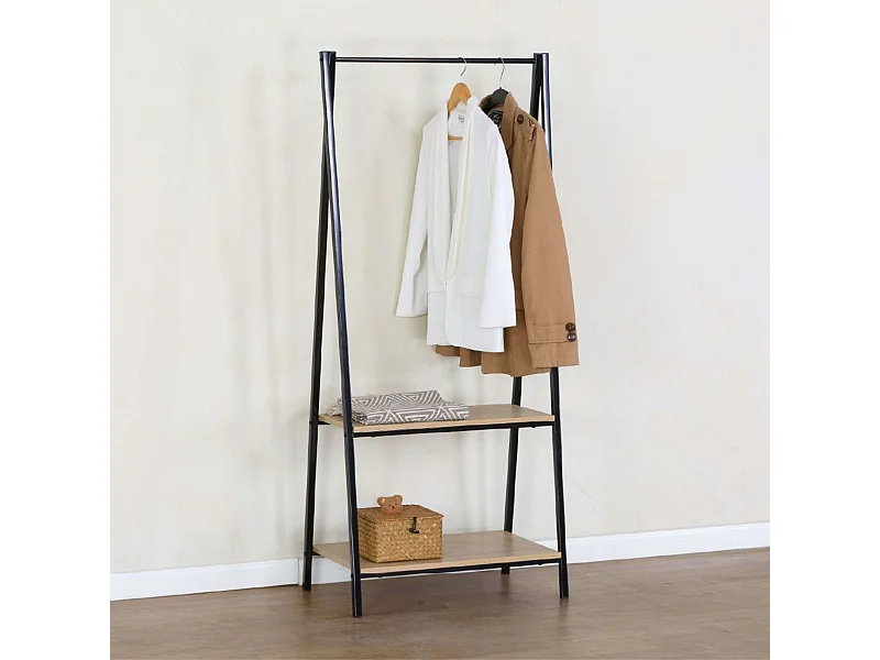 Burro de ropa 2 estantes melamina y metal roble cambrian negro 64x150x40 cm