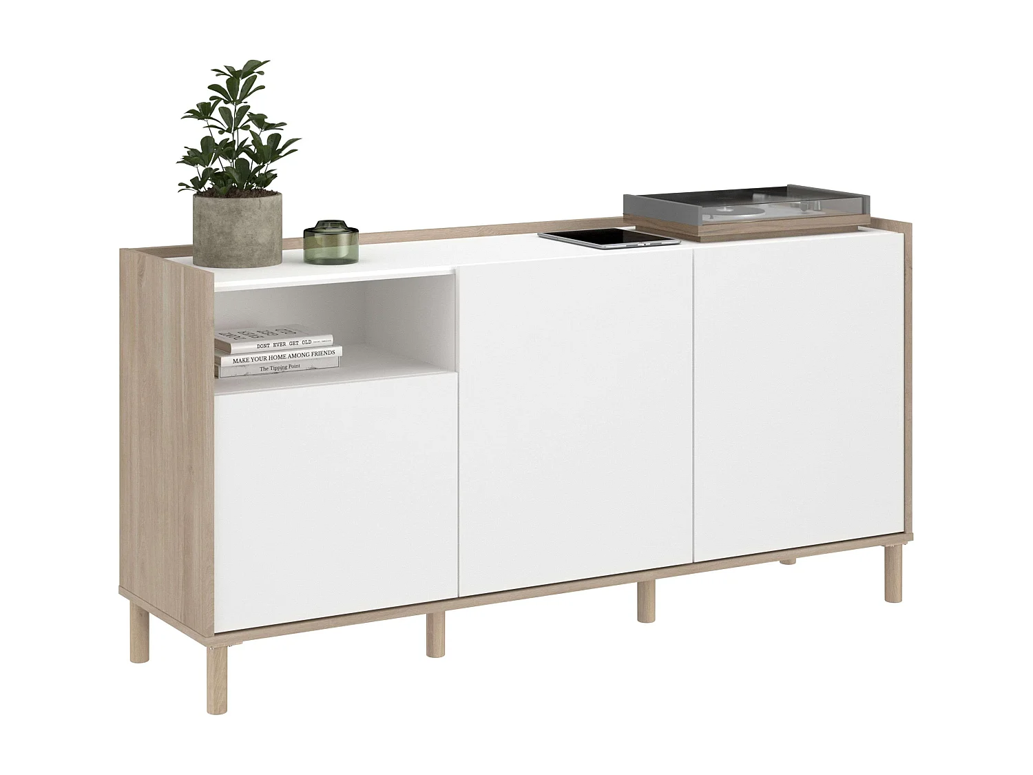 Pack salón blanco y madera claro (mueble TV + aparador + mesa centro Lugo)