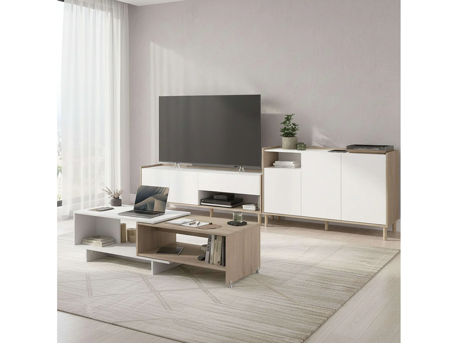 Conjunto de sala de estar em branco e madeira clara (rack para TV + aparador + mesa de centro Lugo)