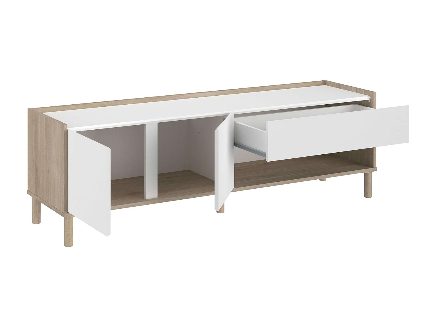Conjunto de sala de estar em branco e madeira clara (rack para TV + aparador + mesa de centro Lugo)
