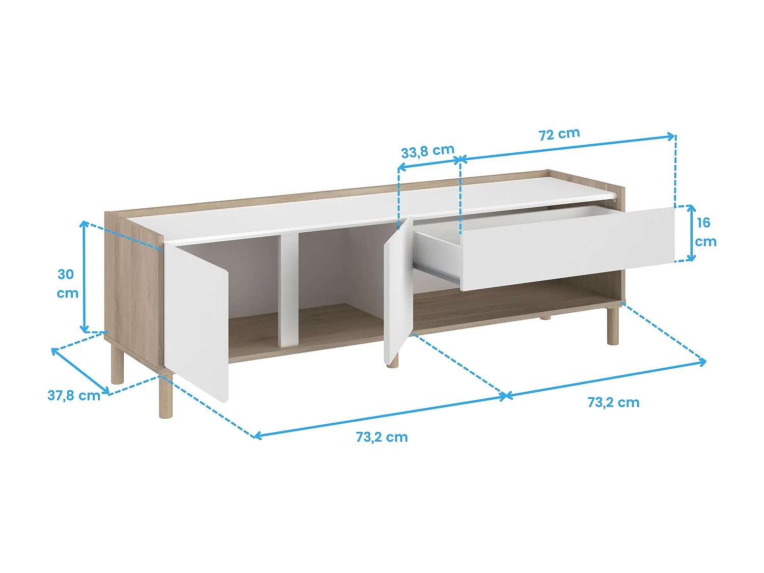 Conjunto de sala de estar em branco e madeira clara (rack para TV + aparador + mesa de centro Lugo)