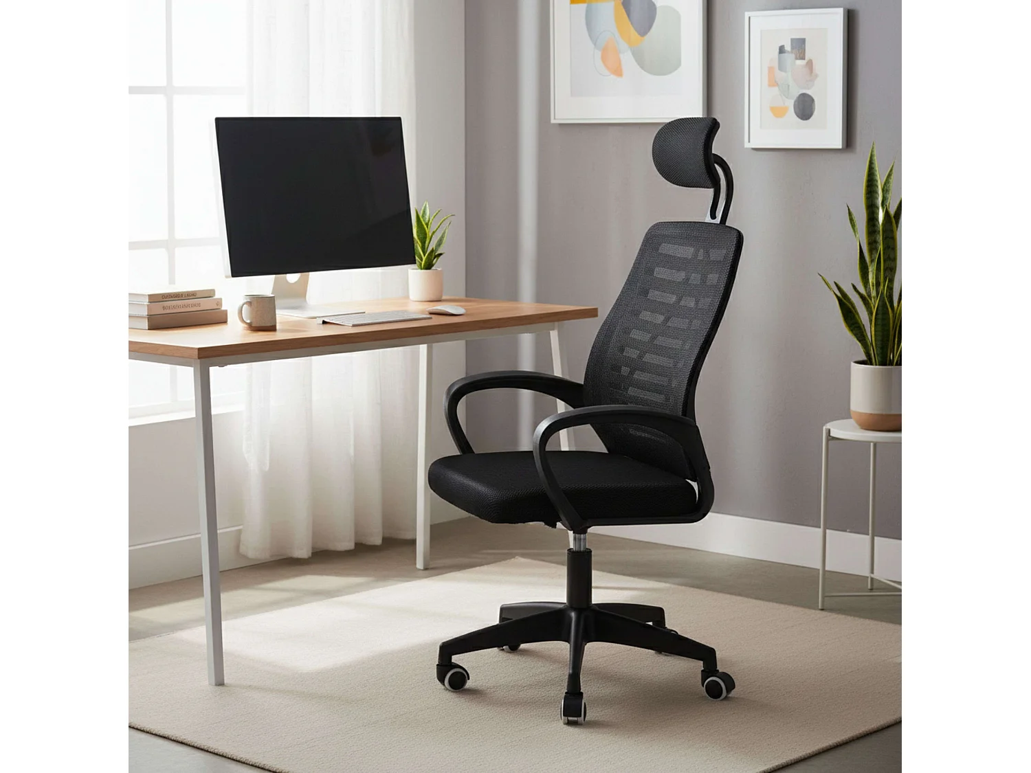 Silla de estudio Ofis giratoria con reposacabezas y apoyabrazos negro